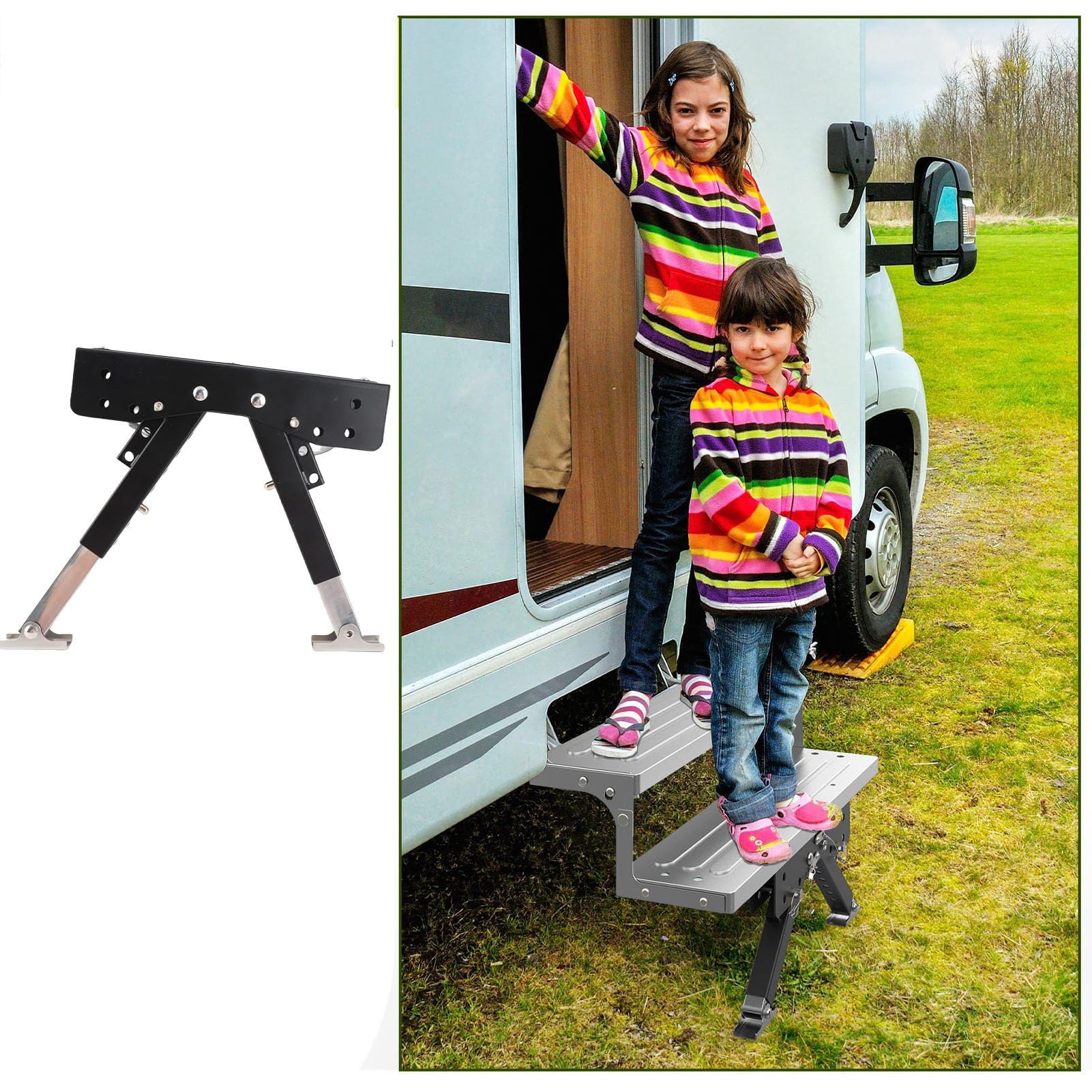 RV-Trittstufen-Stabilisierungsset, verstellbare, klappbare Edelstahlstütze für Wohnwagen und Sattelauflieger, Höhenverstellbereich 2,8–11,4 Zoll, rutschfeste Gummiauflage,