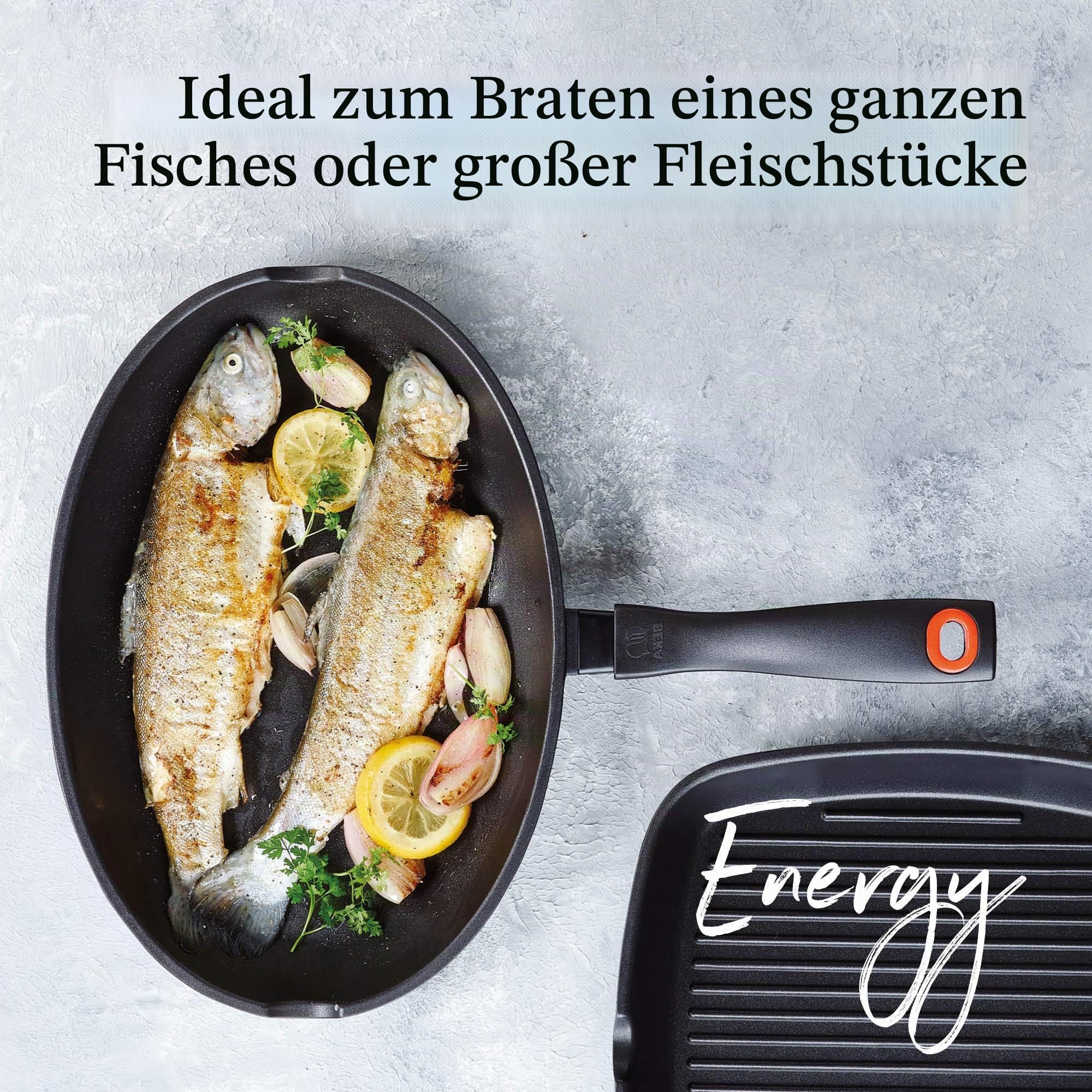 Beka Fischpfanne oval induktion, Pfanne oval antihaftbeschichtet, aus Aluguss, mit 2 Ausgießvorrichtungen, 34 x 23 cm, mit hitzeabweisendem Griff aus Kunststoff, schwarz, Energy Kollektion