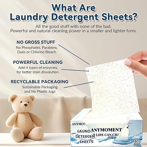 Miniatura 5 de Anymoment Hojas de detergente para ropa  100 cargas  Hojas de lavandería biodegradables multienzima, disolución rápida y cero residuos, compatible
