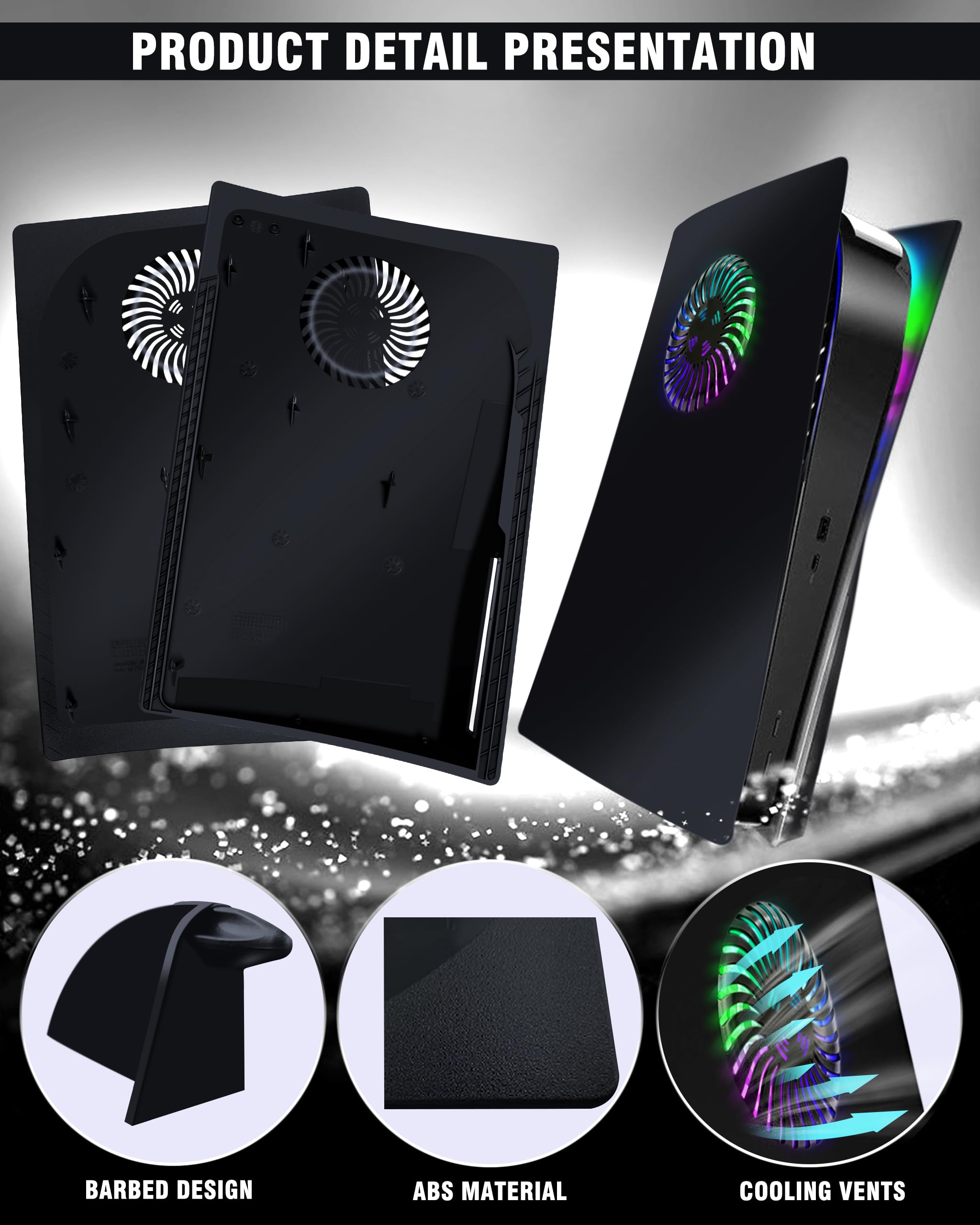 Joso Faceplate Shell Cover mit RGB-LED-Lichtstreifen für PS5 Disc Edition, ABS Anti-Scratch staubdicht Ersatz Faceplate Shell Case mit Lüfterschlitzen, Musik-Sync mit 8 Farben 400 + Lichteffekte