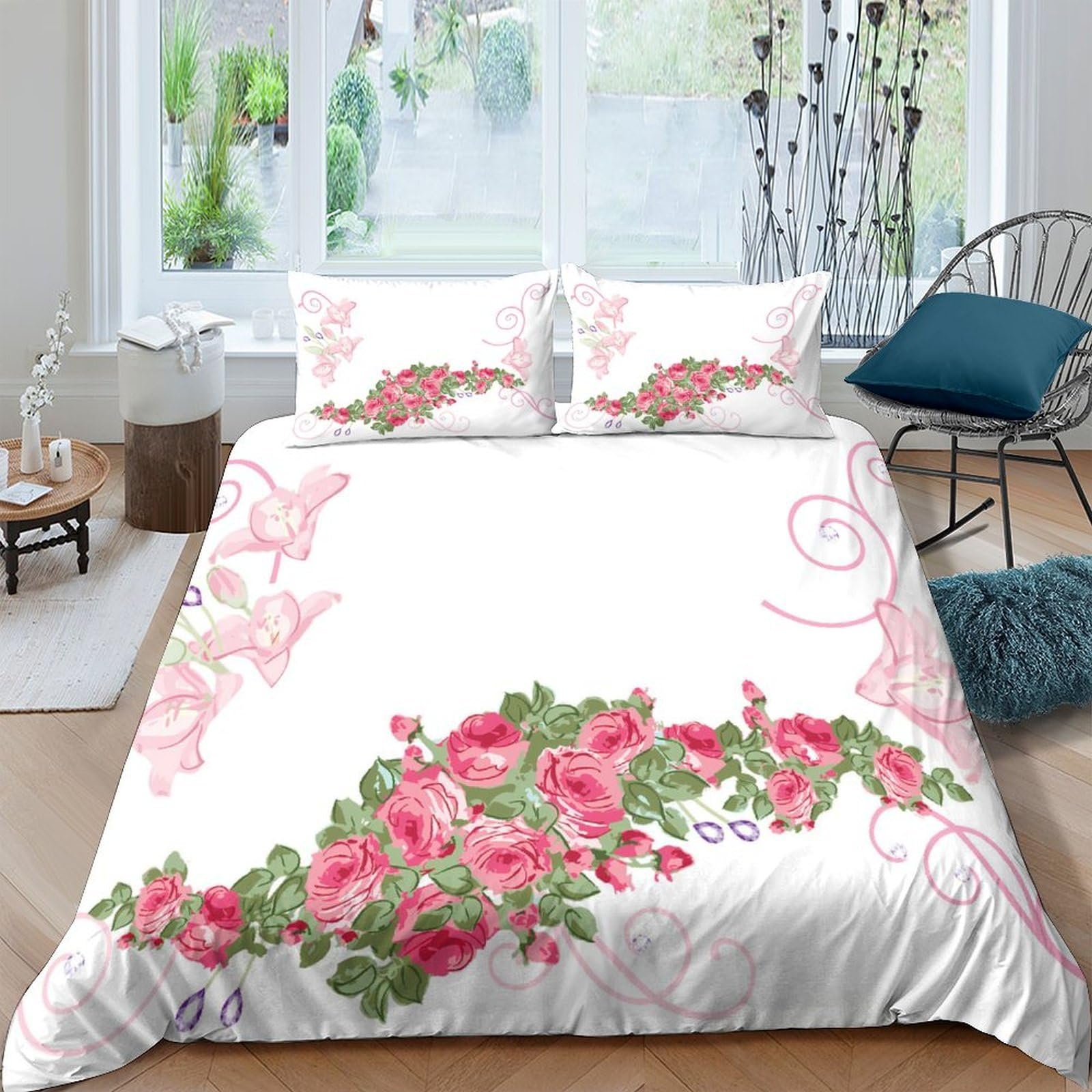 GPLZQXKJNH 3D Printed Pink Rose Flower Duvet Cover Microfiber Soft Breathable Butterfly Quilt Cover Set with 2 Pillowcases for Bedroom Decor Single（135x200cm）