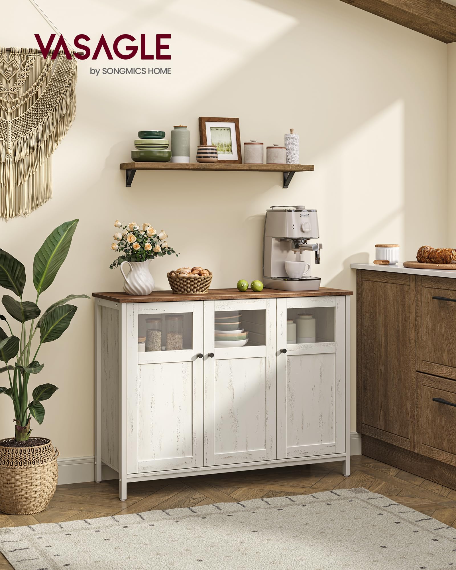 VASAGLE Sideboard, Küchenschrank, Aufbewahrungsschrank, mit Glastüren, für Wohnzimmer, Küche, Esszimmer, Stahlrahmen, Industriestil, honigbraun-vintageweiß LSC099WJ02