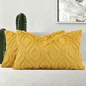 decorUhome Throw Pillow Covers 12x20 Inch Set of 2, Soft Plush Decorative Faux Fur Mustard Yellow Solid Couch Pillow Covers, Accent Farmhouse Neutral Lumbar Euro Pillow Cases for Sofa Bed Living Room