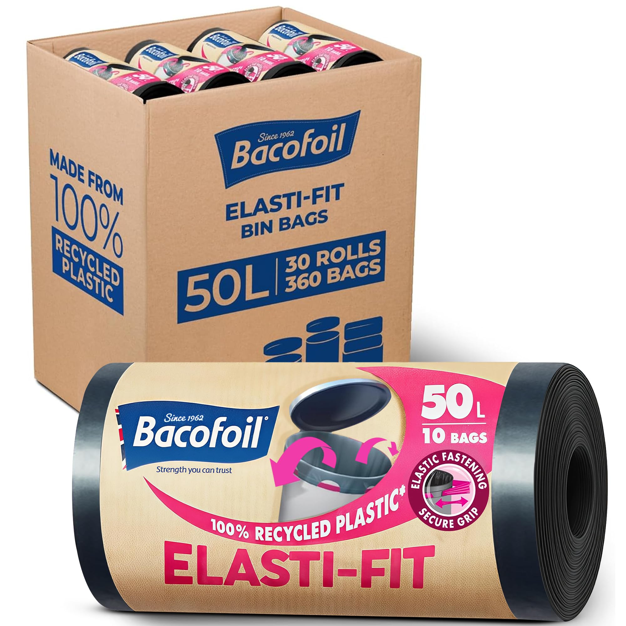 Bacofoil Elasti-Fit Bin Liners with Drawstring Handles 50L - Leak-Proof Bin Bag with Elastic Fastening for a Secure Fit (30 Rolls, 300 Bags)