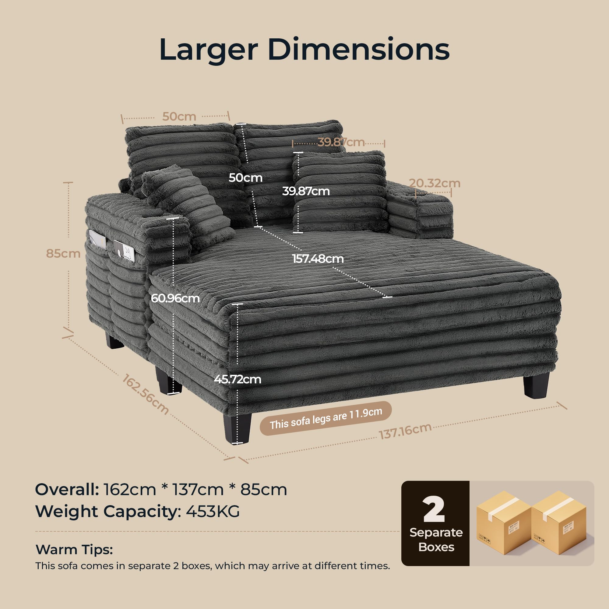163cm Chaiselongue Sofa mit Massivholzrahmen, Big Loungesofa mit Liegefunktion für Wohnzimmer & Lese-Ecke, Einzelsessel aus Plüsch-Cord mit 2 Getränkehaltern & 4 Seitentaschen, 2 Sets Sofa-Füße, Grau