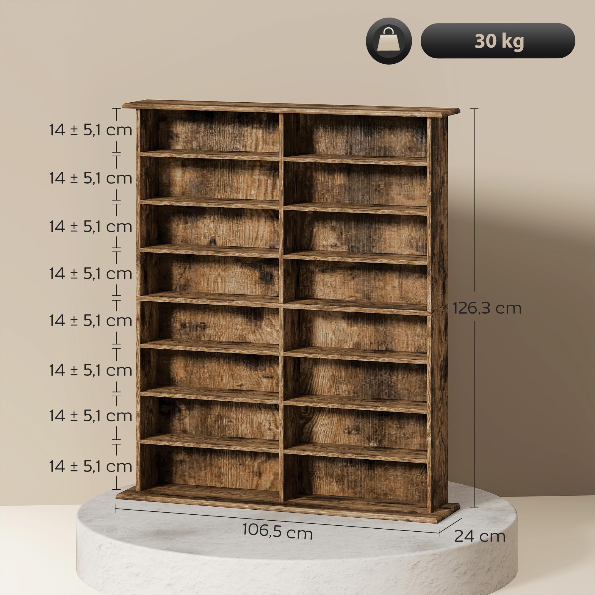 HOMCOM CD- und DVD-Aufbewahrung, Multimedia-Aufbewahrung, max. 720 CD/396 DVDs und Blu-Rays, 16 Fächer und 12 verstellbare Einlegeböden, für Wohnzimmer, Schlafzimmer, 106,5 x 24 x 126,3 cm, Braun