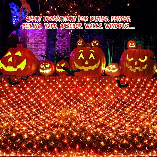 Miniatura 4 de JMEXSUSS Red de luces naranjas de Halloween, 360 luces LED de 12 pies x 5 pies, con 8 modos de conexión remota, impermeables, para exteriores, luces