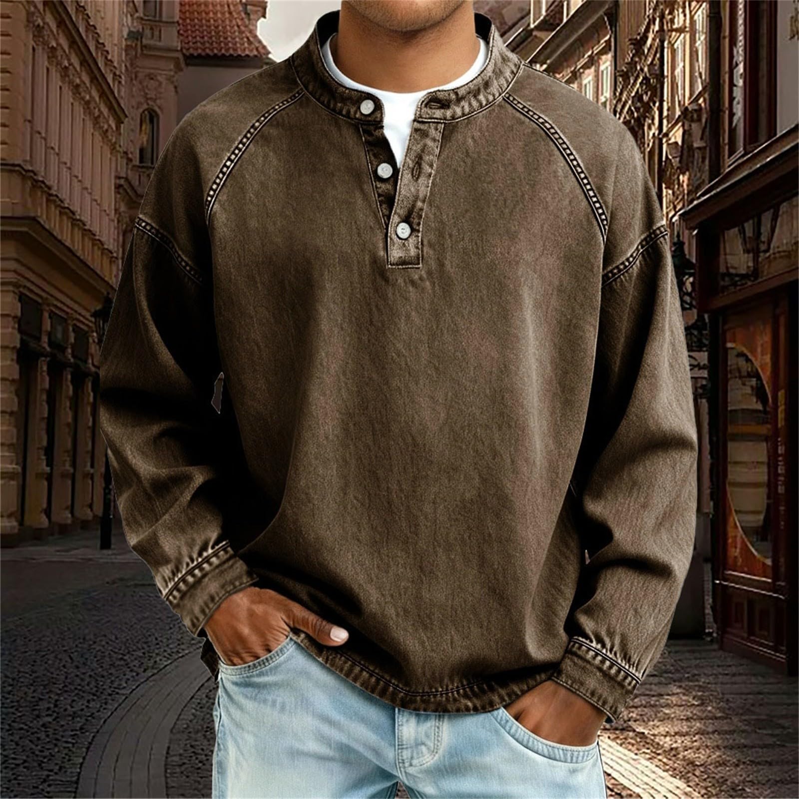 Herren Langarmshirts Henley Shirt Crew Neck Vintage Longsleeve Gewaschen Sommerhemd Herren Langarm T-Shirt Atmungsaktiv Comfort Outdoorshirts