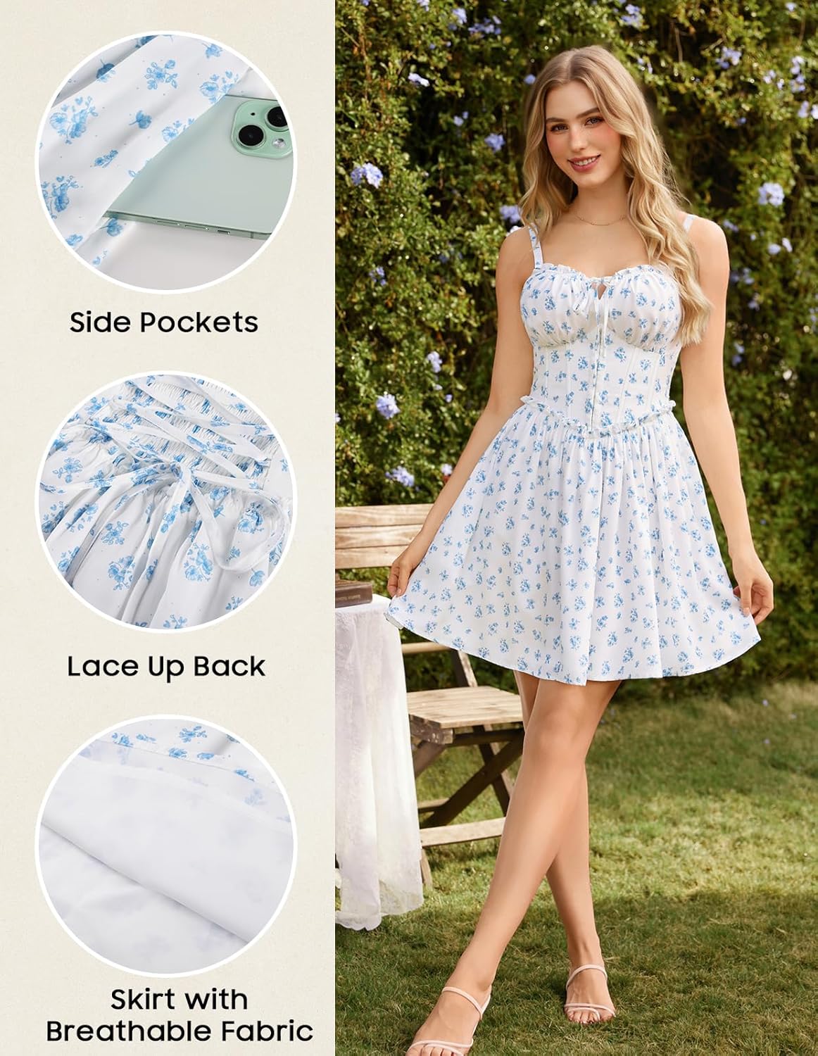 Scarlet Darkness Floral Corset Dress for Women 2026 Summer Sundress Lace Up Mini Milkmaid Dresses with Pockets - Image 4