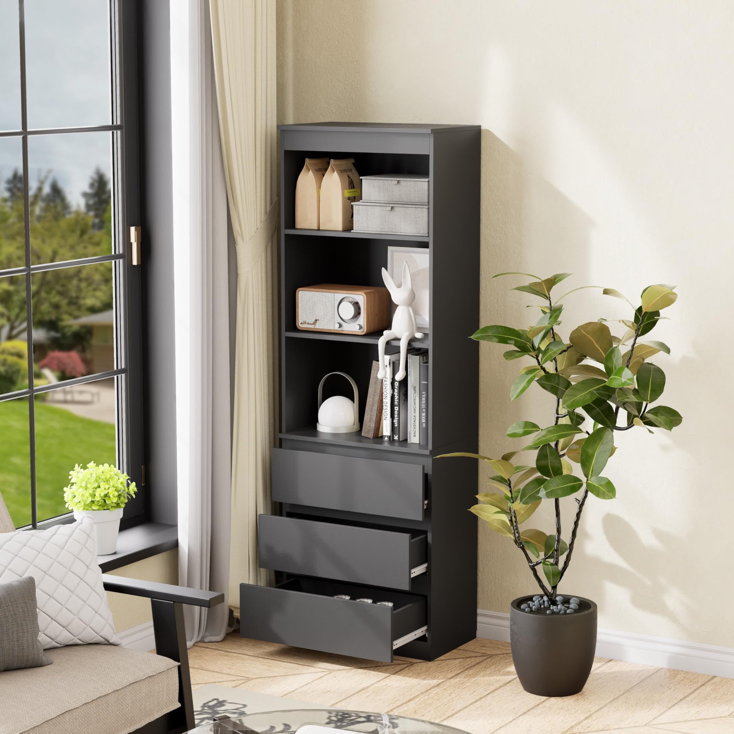 Garvis Bücherregal Hochschrank, 3 Schubladen & 3 Regale – MDF Hochregal mit Kippsicherung, 180 cm Hoch, Platzsparend für Wohnzimmer Schlafzimmer Studierzimmer (Schwarz Matt)