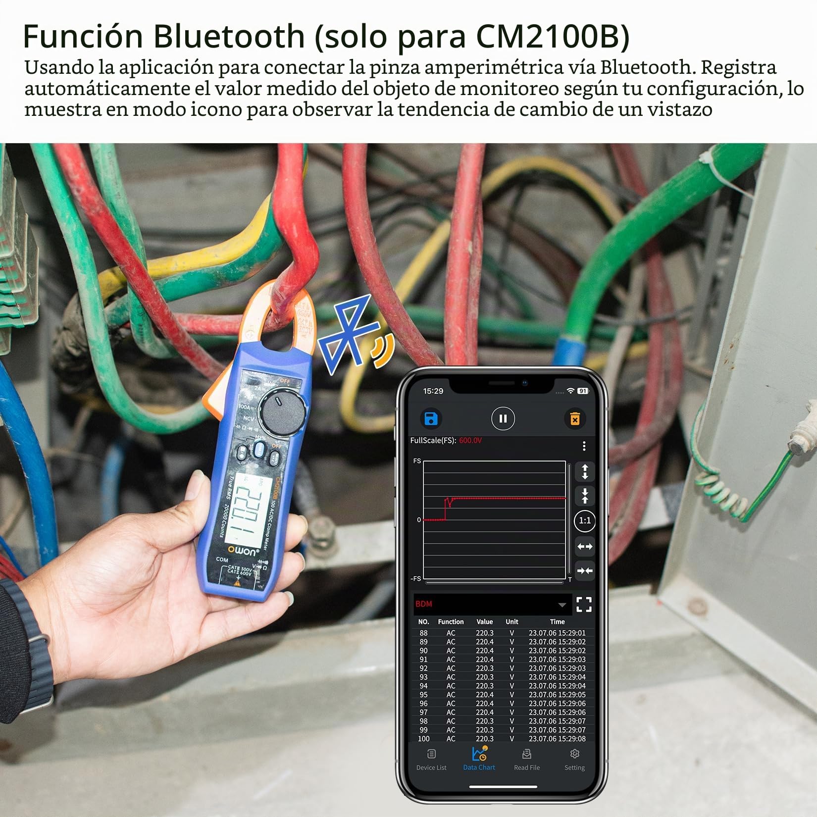 OWON CM2100B Pinza Amperimétrica Digital Bluetooth Autorango 20000 Recuentos Probador de Capacitancia de Resistencia CA/CC Multímetro TrueRMS Múltiples Funciones de Medición Protección NVC VFC
