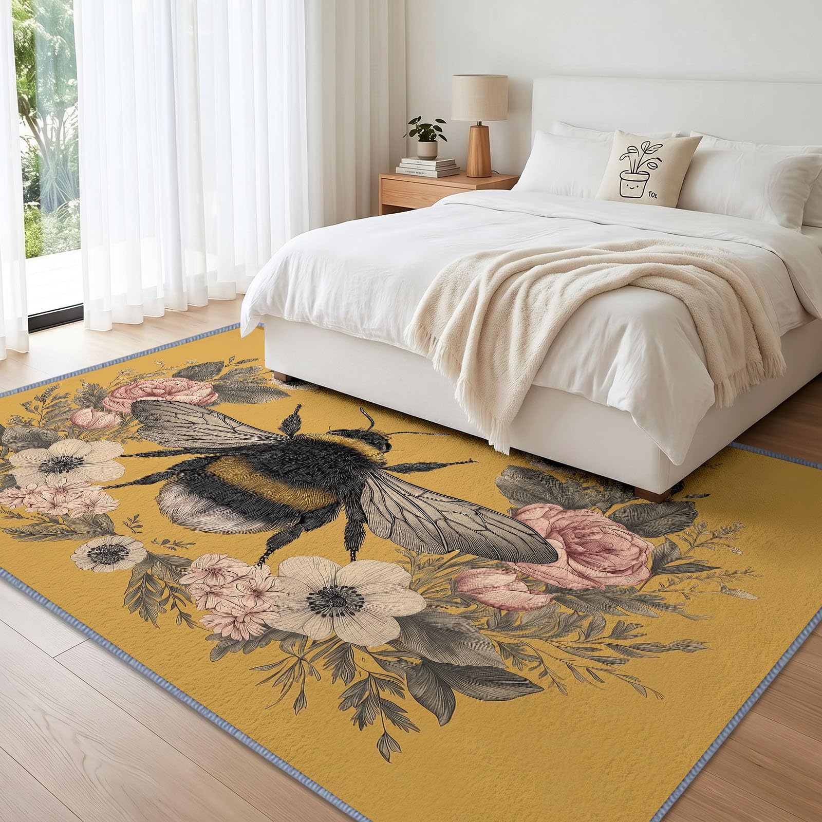 Dywan w stylu vintage do salonu, antypoślizgowy dywan do sypialni z liśćmi pszczoły, 180 x 240 cm, zmywalny, dywan z niskim runem do sypialni, pokoju dziecięcego, wejścia, stołu do jadalni, biura