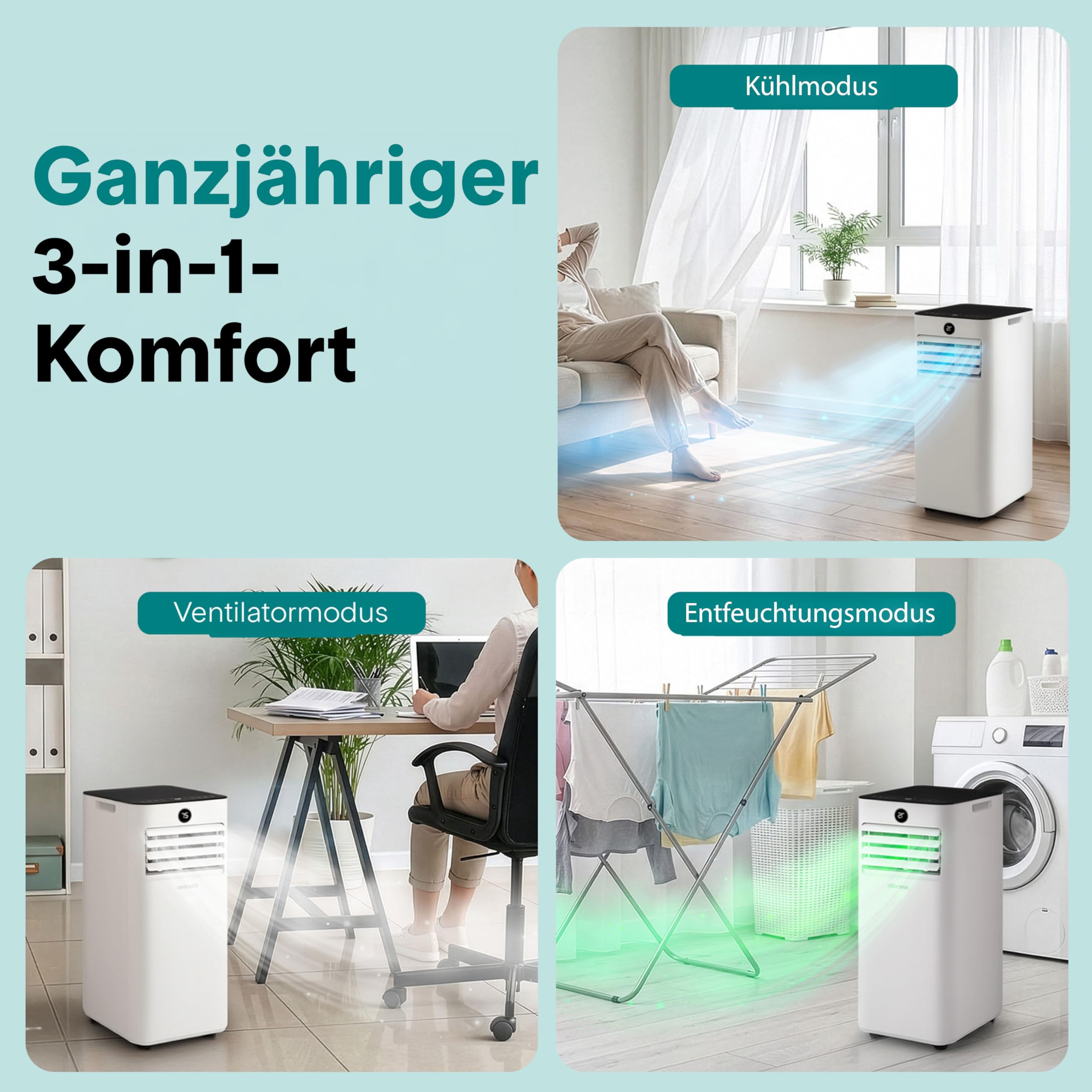 SereneLife Mobiles Klimagerät 9000 BTU 2,64 kW für 31 m² – Air Conditioner mit Abluftschlauch, 3-in-1 Entfeuchter & Ventilator, Leise 55 dB, Fensterkit, Fernbedienung, Für Zuhause, Büro