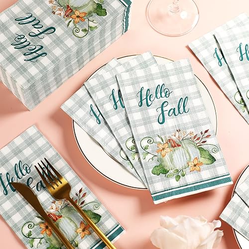 Miniatura 4 de Paquete de 100 toallas de mano de papel desechables de color azul con texto en inglés Hello Fall, suministros de fiesta de calabaza, a cuadros,