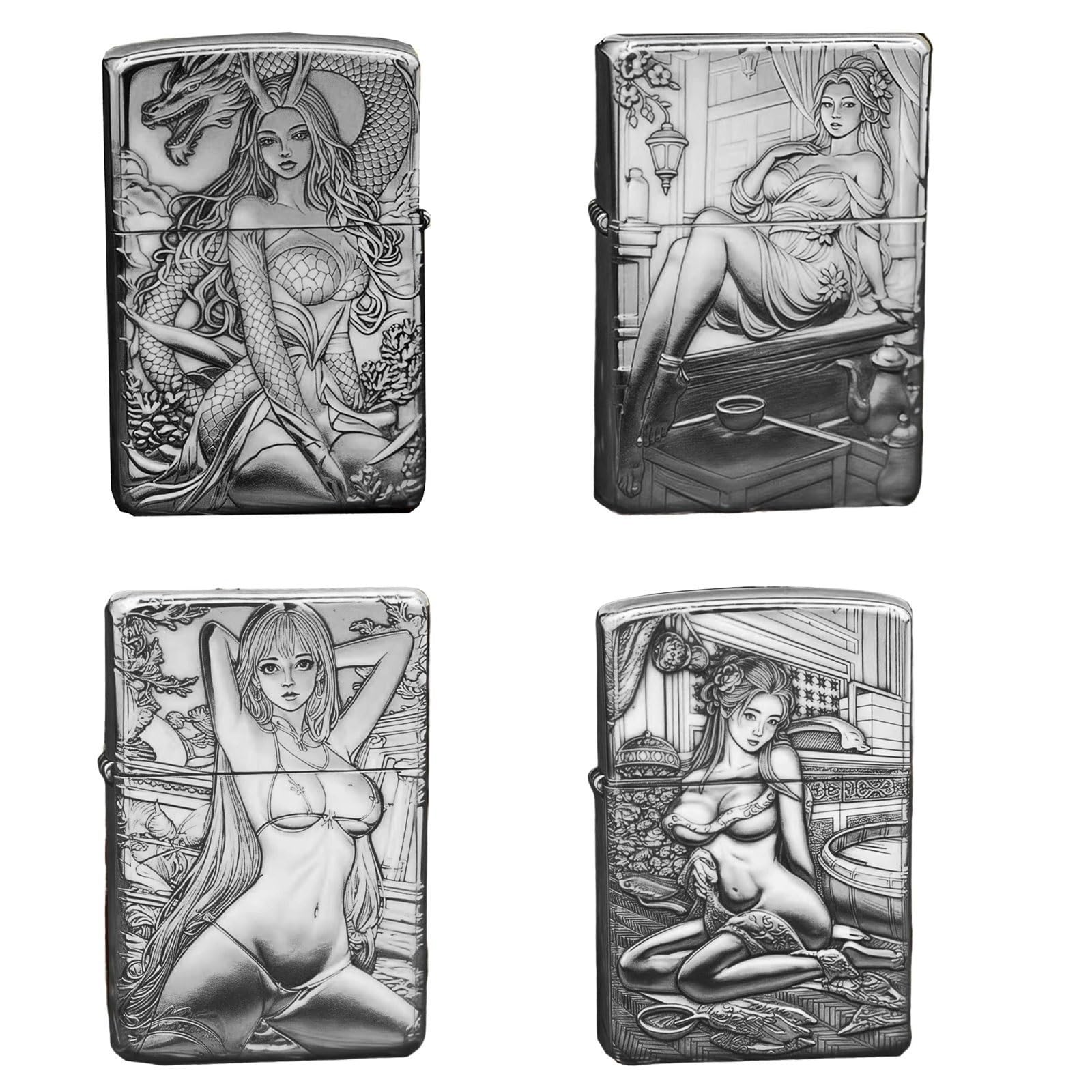 Briquet à kérosène en Laiton, Flamme Douce Coupe-Vent, briquets à meule rétro Vintage, gaufré à la Main, Couvercle Rabattable en métal, for Bougies, Camping(4PCSilver)