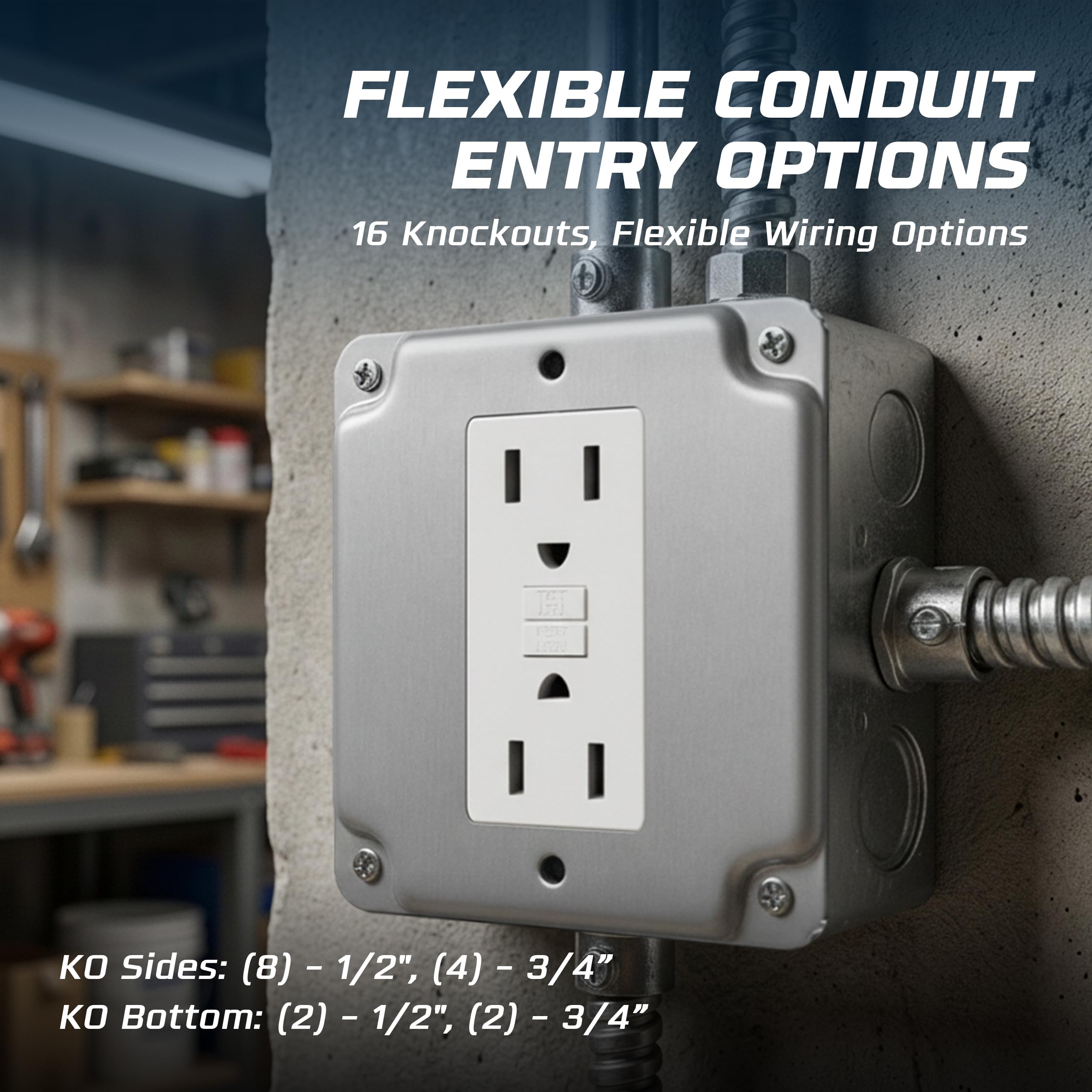 OHLECTRIC Scatola elettrica in metallo saldato 4x4 (confezione da 10), scatola di giunzione quadrata profonda da 1,1/2" con Knockout concentrici da 1/2" e 3/4", terra rialzata, 23 Cu in scatola di