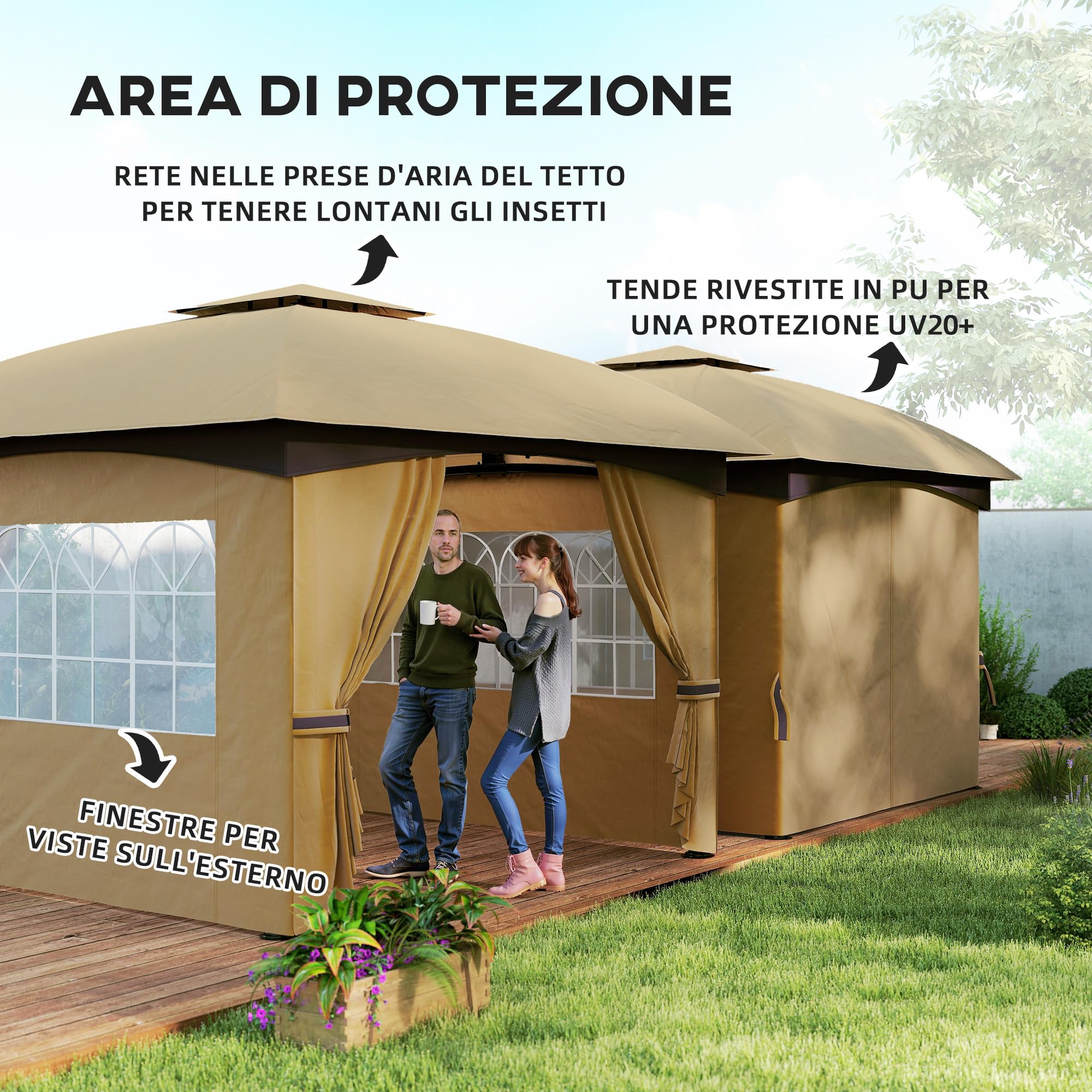 Outsunny Gazebo da Giardino 3.4x3.4 m con Pareti Laterali e Finestre, Gazebo da Esterno Resistente Protezione UV Tenda Tendone Padiglione per Feste con Tetto a 2 Livelli, Struttura in Metallo, Beige
