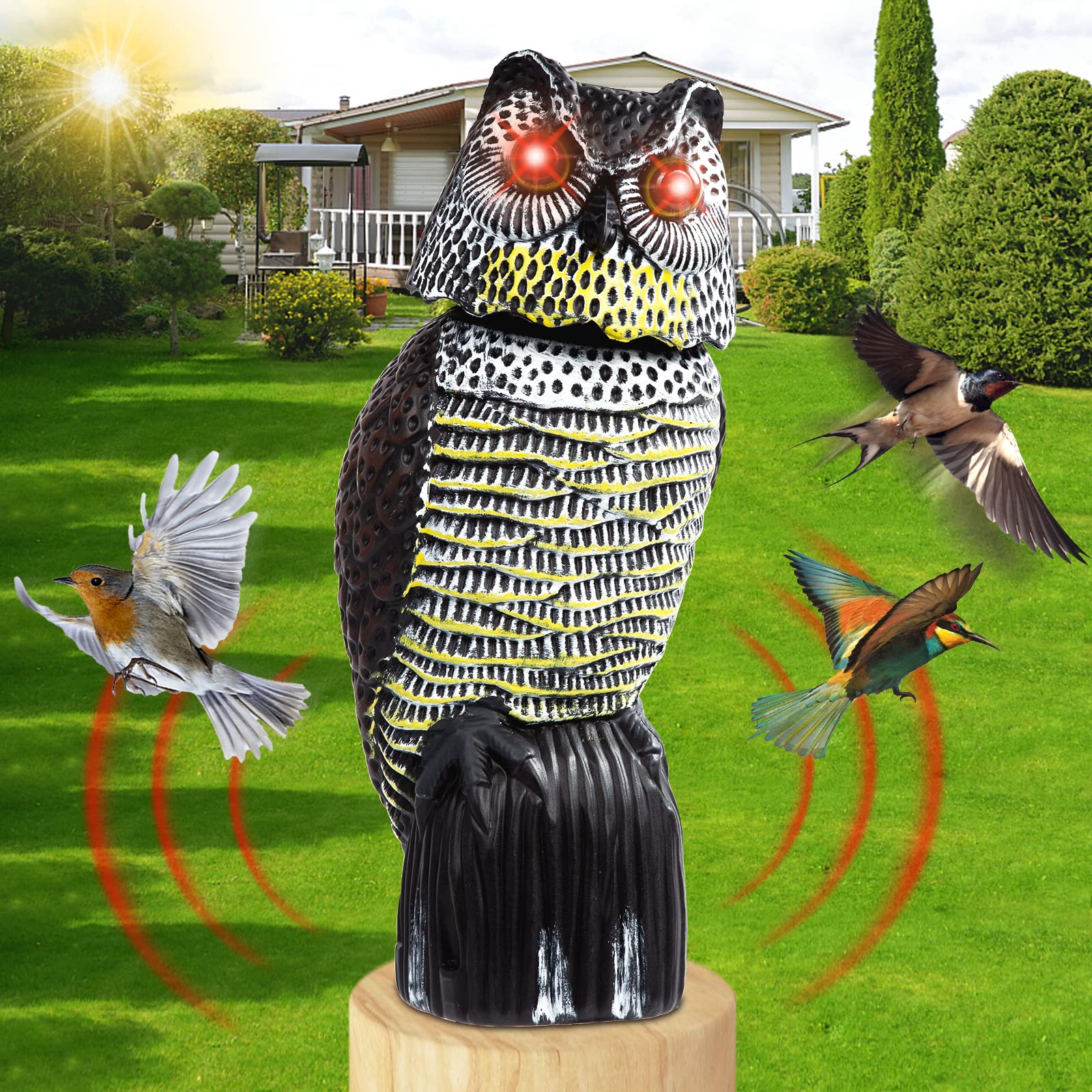 Fake Owls, Owl Control, Owl Bird Deterrent Bird Repellent and Owl Dcoy Outdoor Rotating Head Sculpture with Flashing Eyes Yard