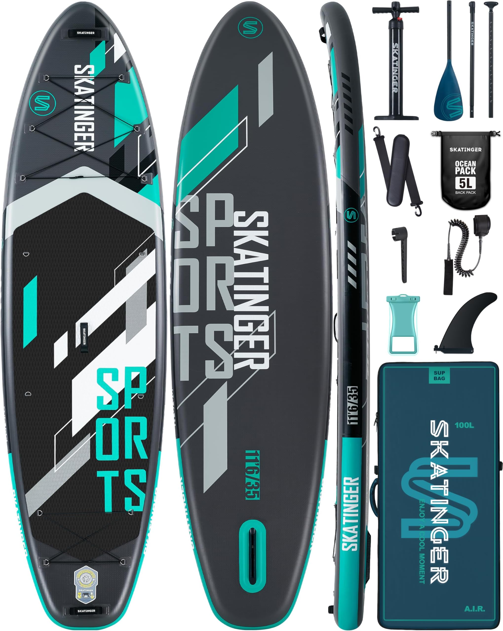 Skatinger 11'6×35" Super Wide Inflatable Paddle Board, Ultra Stable Stand Up Paddleboards for 450lb/3 People/Family/Big Size w/Shoulder Strap, 100L Backpack, All-Round Sup Board, US Fin