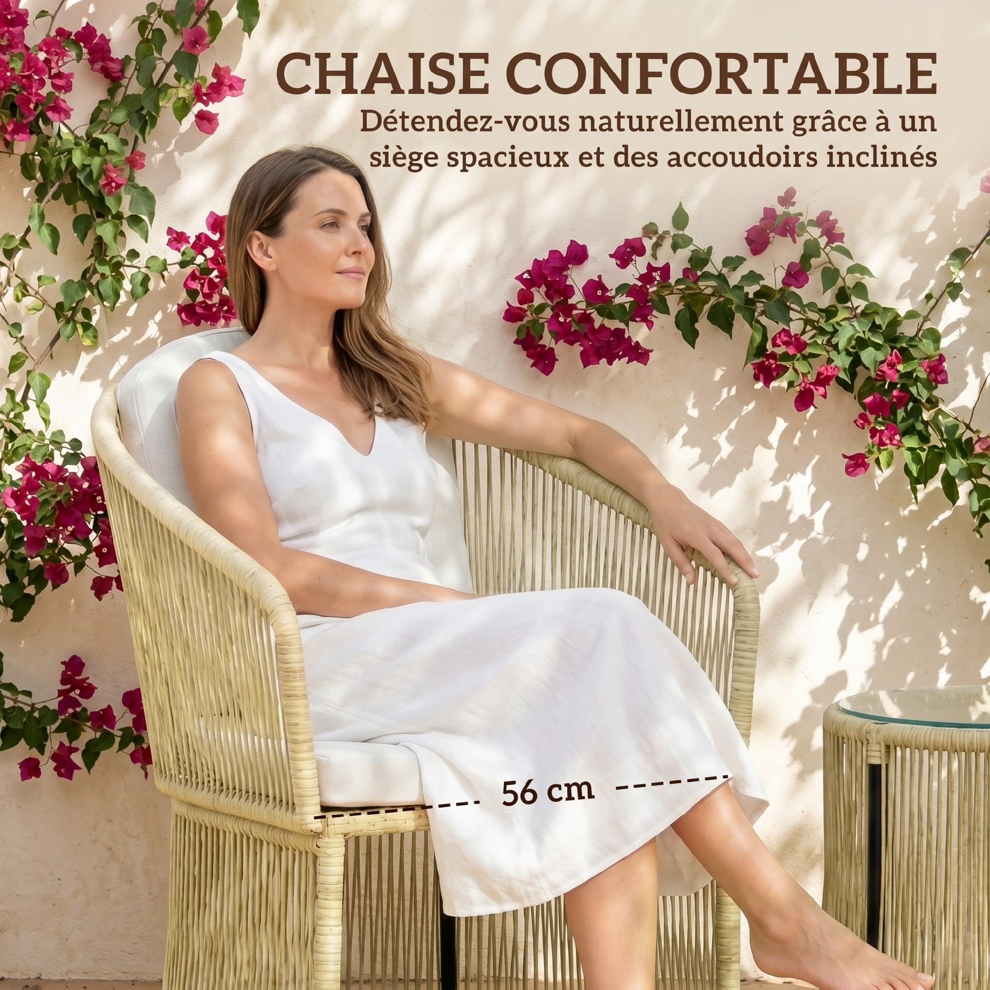 Outsunny Salon de Jardin en Résine Tressée pour 2 Personnes Table Crème | Mobilier d'Extérieur, 2 Chaises, Plateau en Verre, Coussins Inclus, Idéal Balcon, Terrasse, Patio