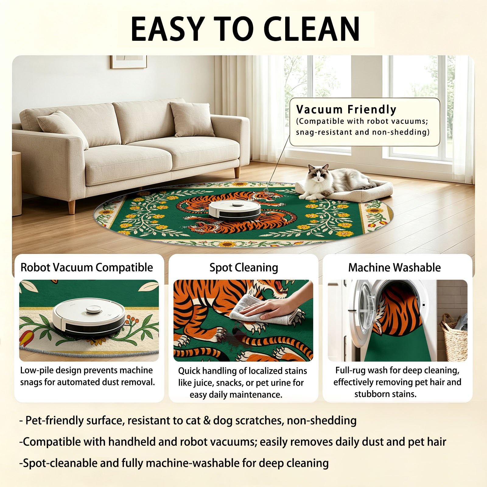 Ethnique Traditionnel Grand Tapis Rond à Motif Tigre Fleurs Feuilles Plantes pour Salon Chambre à Coucher Salle de Bain Couloir décoration, Lavable en Machine Pile Courte et Douce, Vert, 120 cm