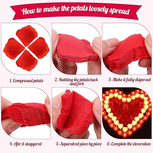 Miniatura 5 de 3000 pétalos de rosa artificiales con 36 velas LED en forma de corazón, pétalos de rosa para noches románticas, velas LED sin llama para decoración