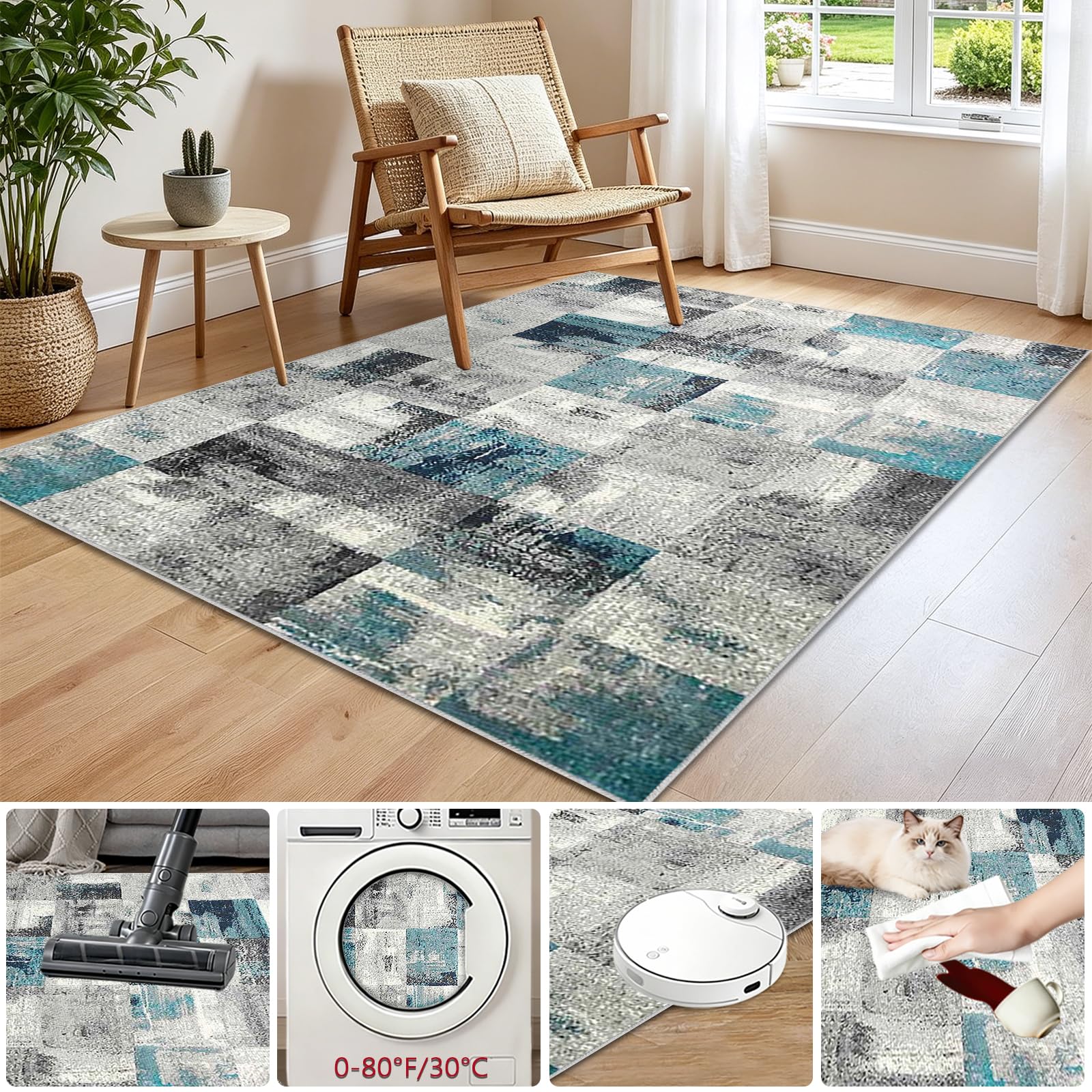Tappeto Salotto Antiscivolo Tappeti a Pelo Corto Tappeti Camera da Letto Tappeto Soggiorno Tappeti Lavabile in Lavatrice Carpet Moderno Geometric Rombo Carpet Cameretta Ufficio 130 x 140cm