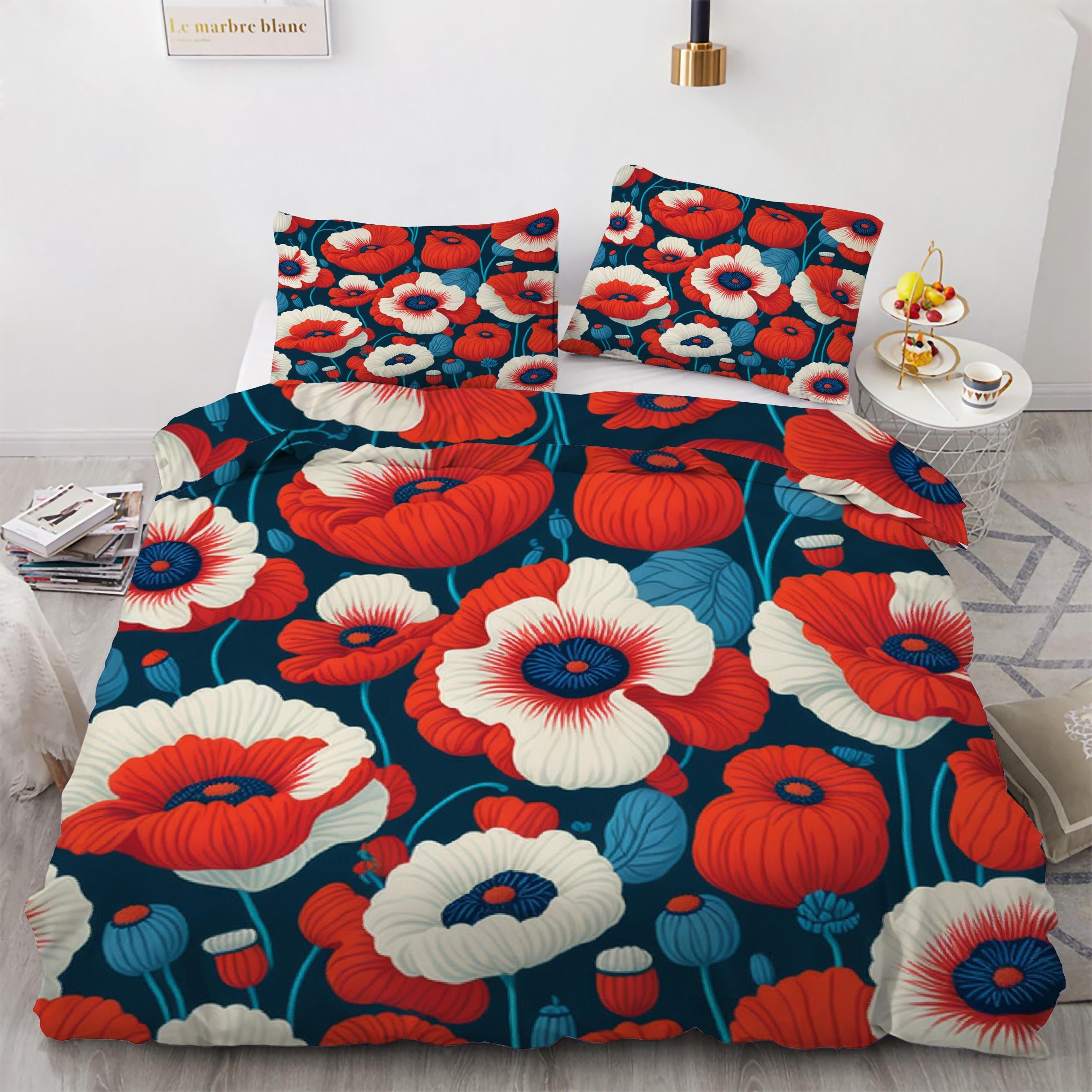 Housse de couette 220x240 fleurs pavot parure de lit 3 pièces microfibre douce