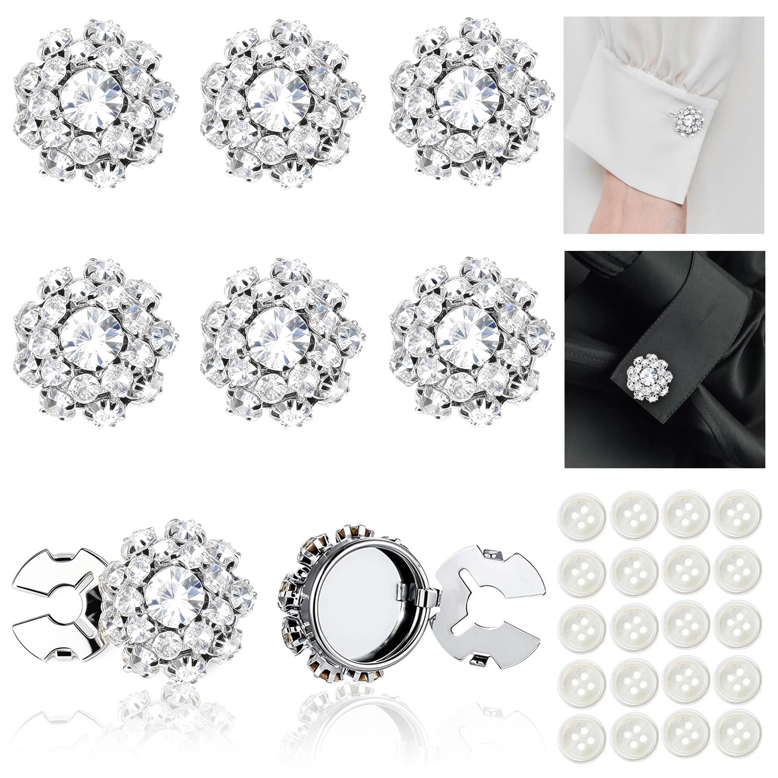 26 Pcs Button Covers for Women Blouses, Detachable Rhinestone Buttons with 20 Sewing Buttons, Elegant Button Covers Clip On, Ideal for Jeans Shirts Suit DIY Clothing (Silver)