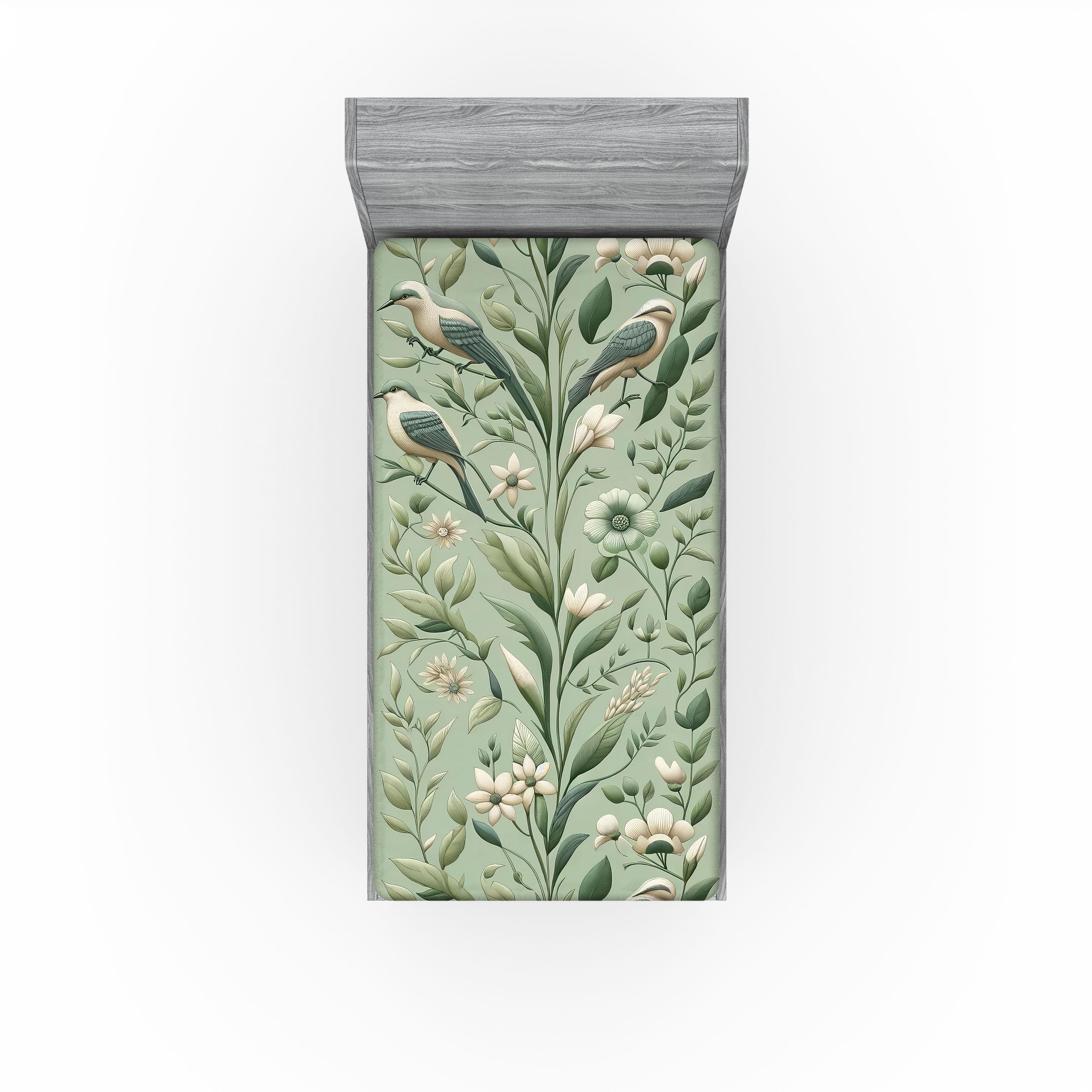 Ambesonne Birds 2 Pack Fitted Sheet, Meadow Flowers Wingy Animals, Bed Cover All-Round Elastic Deep Pockets 2 Pieces, Package Contains 2 Twin XL Size Fitted Sheets, Pale Khaki Pale Green