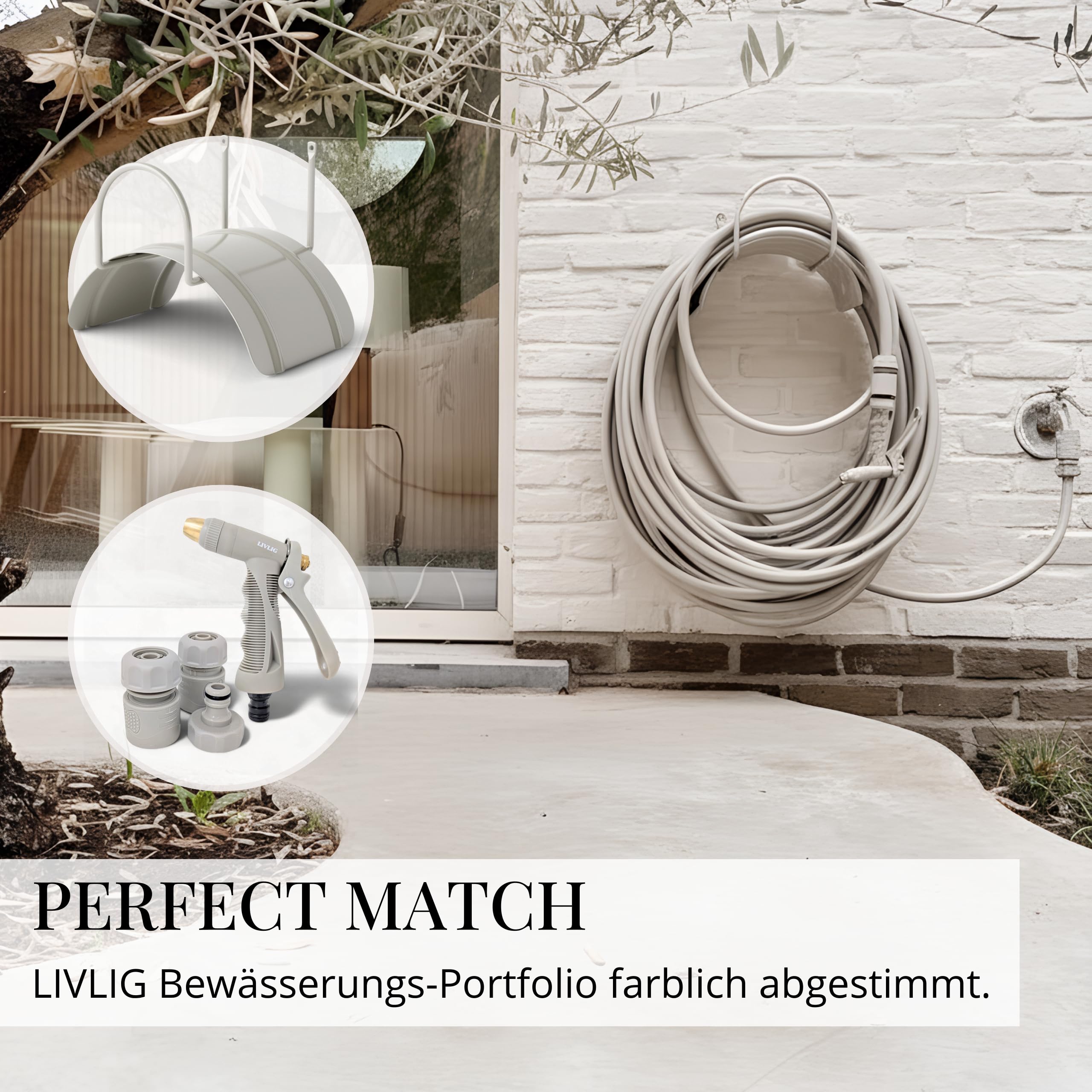 LIVLIG Gartenschlauch 20m, flexibler Premium Wasserschlauch aus 60 Prozent Recyclingmaterial, UV beständig, knickfest, Design Gartenschlauch 1/2 Zoll in Greige