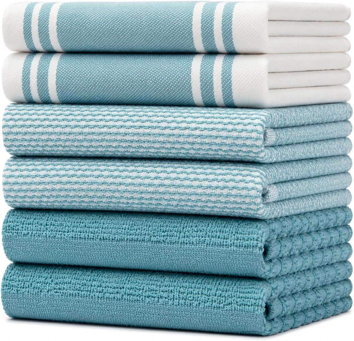 Premium Kitchen Towels (20”x 28”, 6 Pack) | Large Cotton Dish Towels | Flat & Terry Highly Absorbent Kitchen Linen Set with Hanging Loop | Wide Stripe Aqua