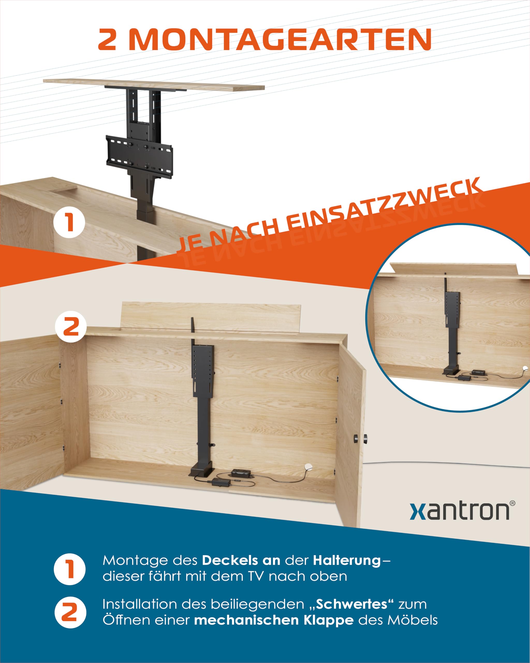 Xantron TV Lift elektryczny PREMIUM-400HE-T podnośnik telewizyjny z regulacją wysokości ze sterowaniem za pomocą aplikacji i głosu do telewizorów 32-55" – kompatybilny z VESA – uchwyt do telewizora