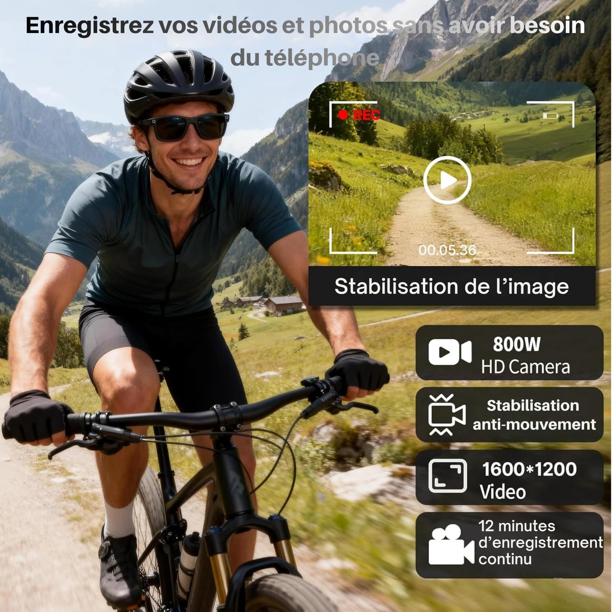 smartia Lunettes de Soleil intelligentes avec Camera, modèle 2026 et APP en françois Incluse, Lunettes Bluetooth Son Hi-FI, IA GPT intégrée avec Traduction dans +100 Langues, Camera 8MP Full HD