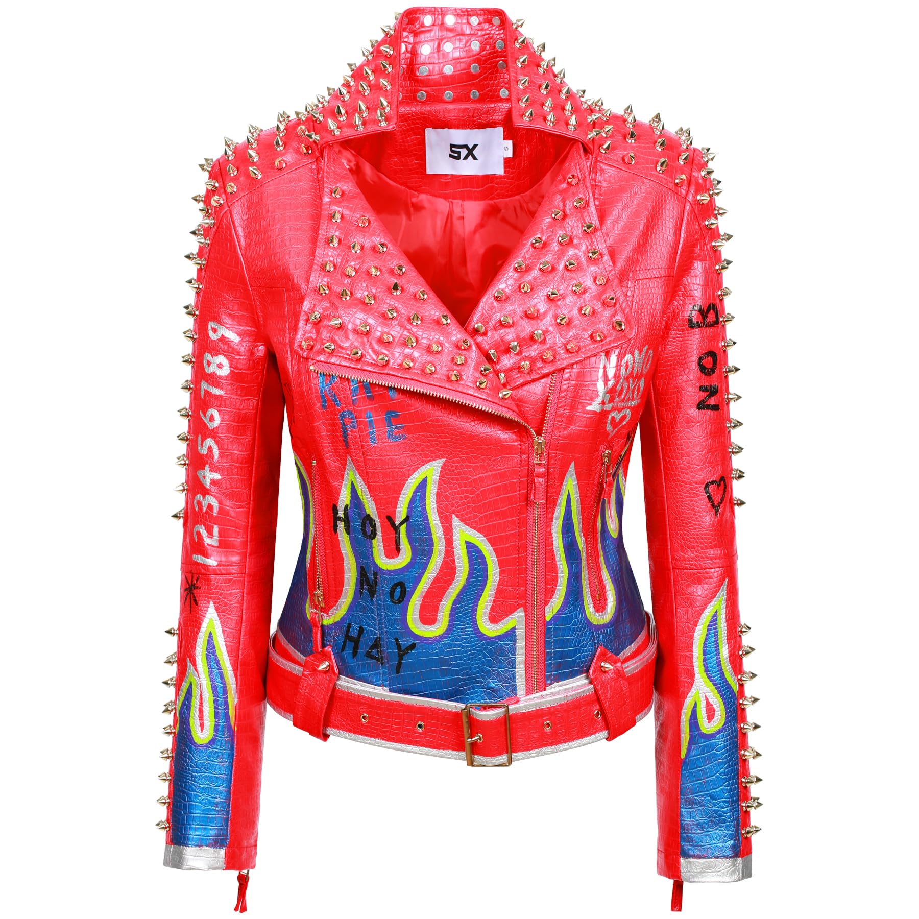 Fashion SX Women's Punk Floral Embroidered short Faux Leather Jacket Hand-painted Moto PU Coat