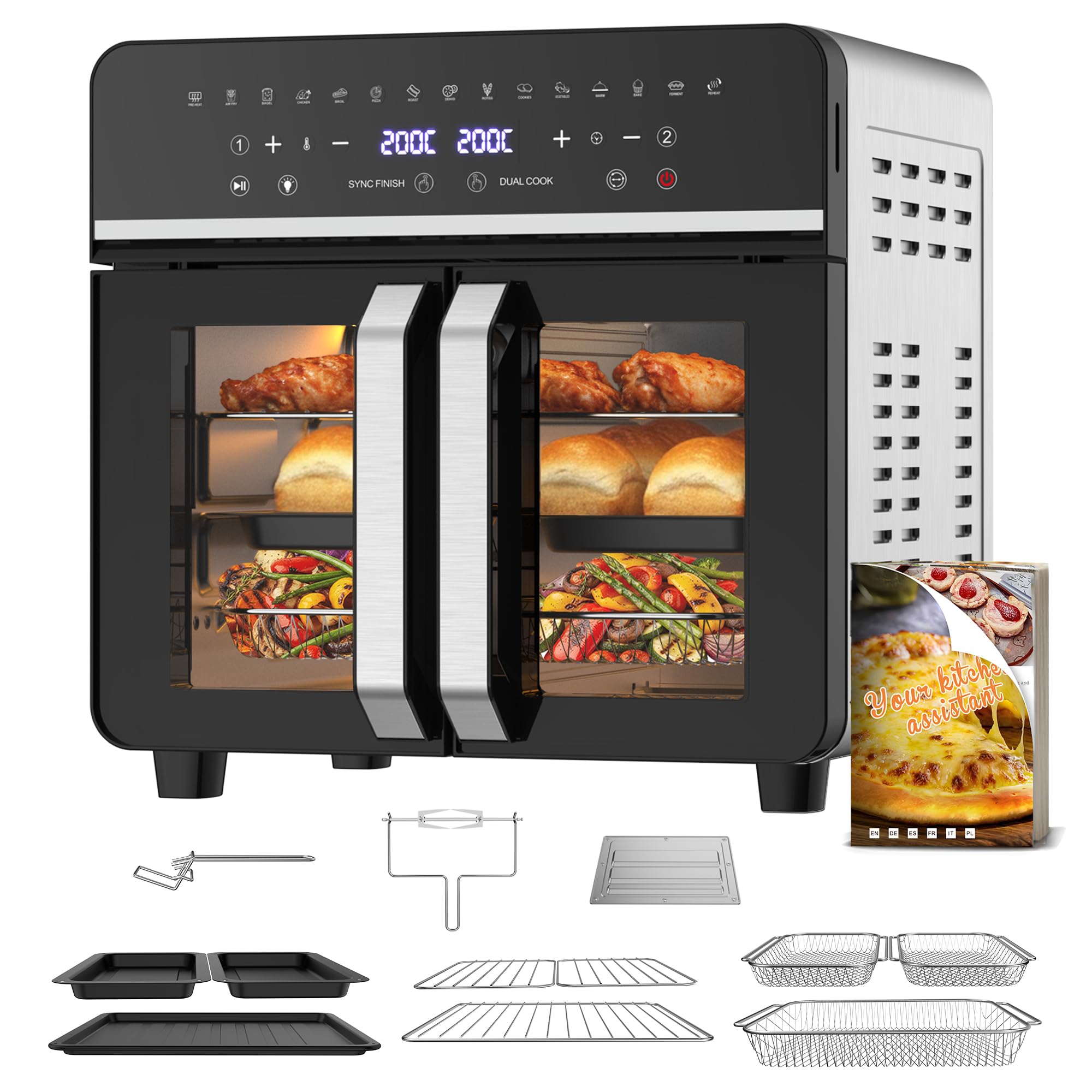 Freidora de Aire 23L XXL Mini Horno con Puertas Francesas, 2600W Air Fryer Dual Zone con Smart-Touch, Sync Finish, 15 Programas, Recetario & 13 Accesorios Inclusos, Metal