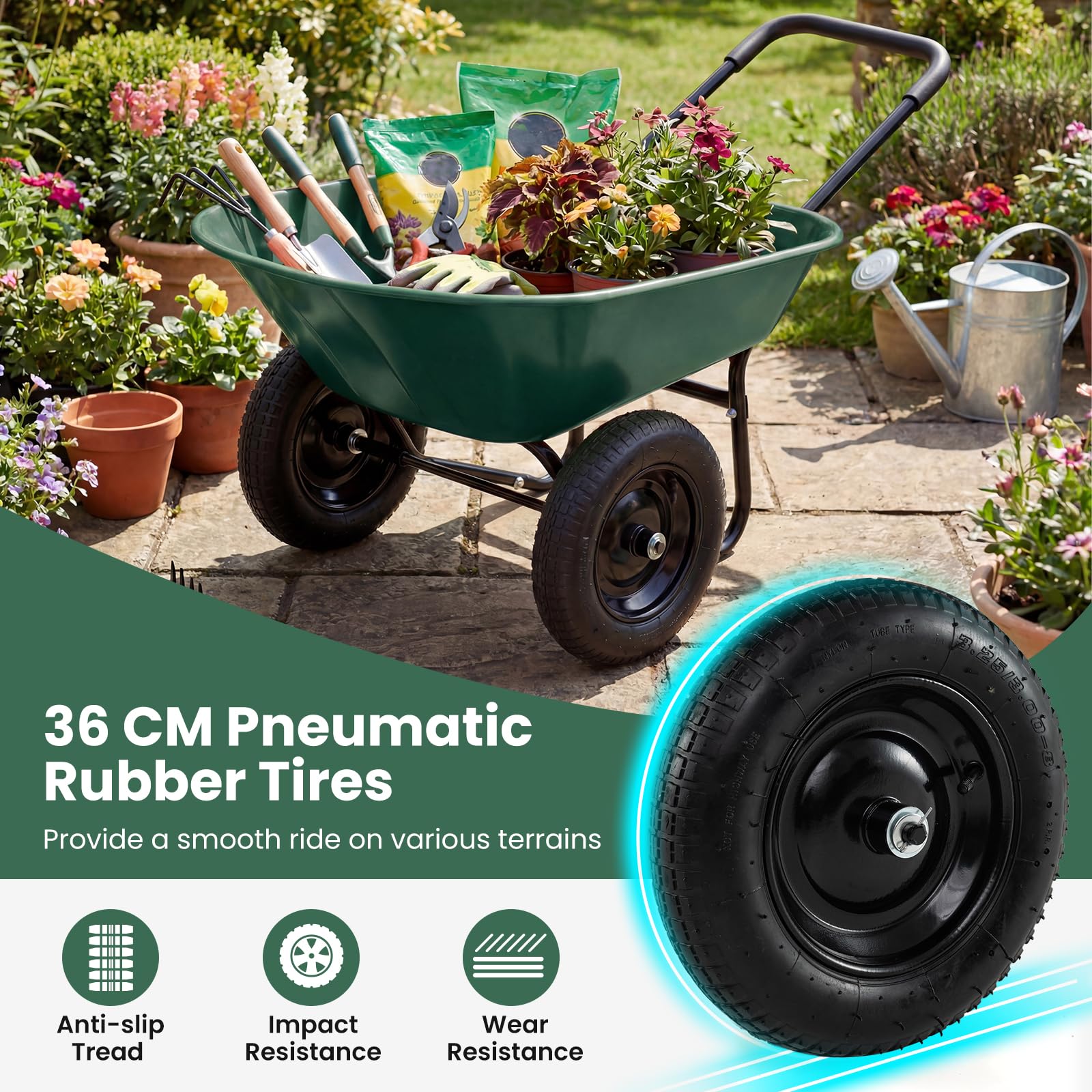 TANTASK - Carriola da giardino a 2 ruote, 78 l, con funzione di ribaltamento, telaio in metallo, portata 100 kg, carriola da giardino, carrello da trasporto per giardino e cortile (verde)