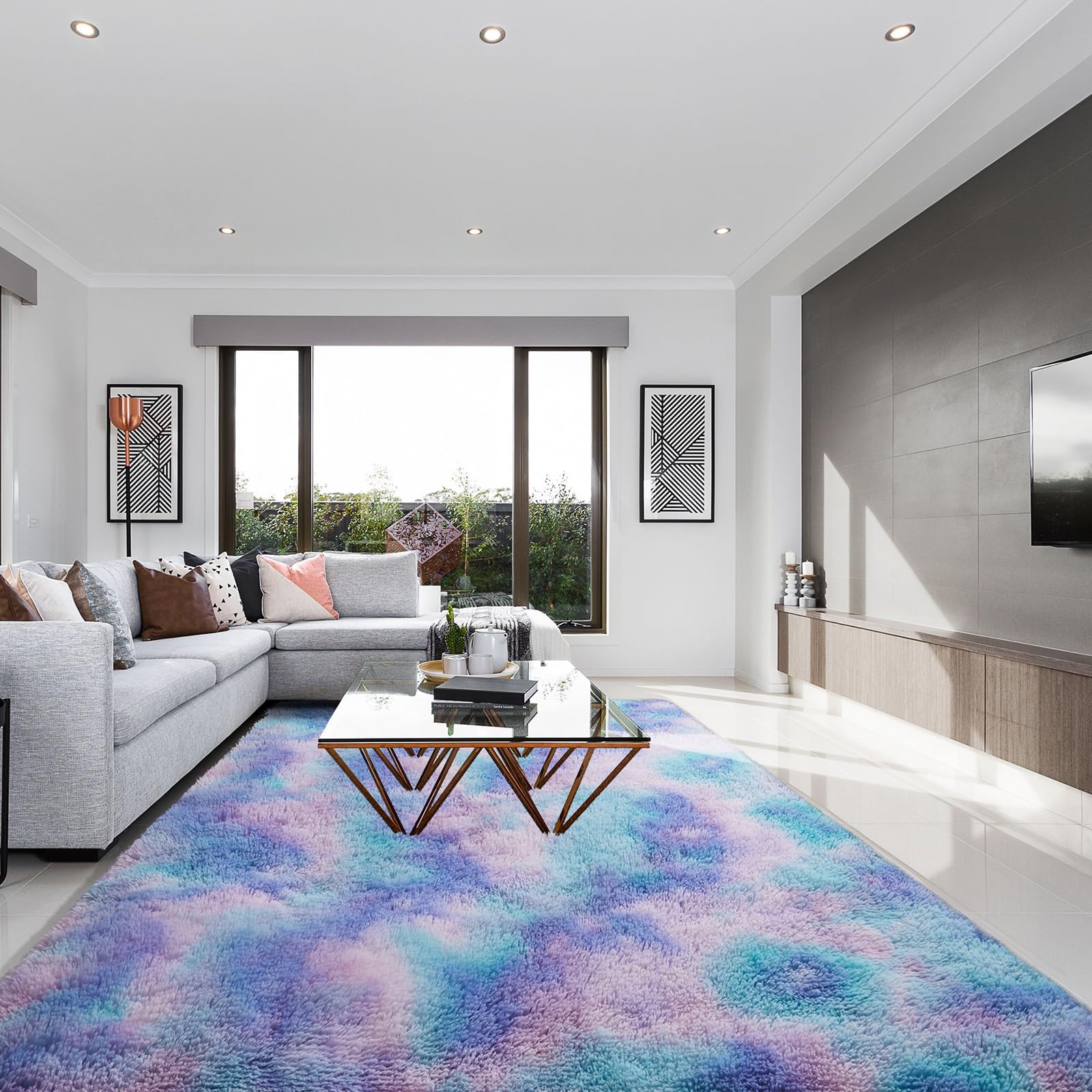 SOANNY Rugs Living Room, Extra Large Soft Fluffy Tie-Dye Area Rug, Non-Slip, Machine Washable Floor Carpet for Bedroom, Dorm, Bedside, Lounge, Office, Nursery, Playroom, 240x300 cm, Teal Purple — image 1