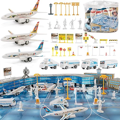Juego de 200 piezas de terminal de aeropuerto para niños, de lujo, aerolíneas, con aviones, vehículos, figuras, accesorios, tapete de juego