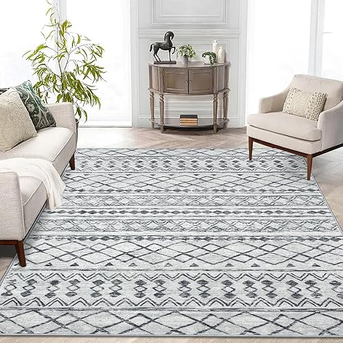 KUTA Alfombra marroquí de 5 x 7 pies, color gris, lavable, bohemio, grande, antideslizante, ultrasuave, geométrica, tradicional, para comedor,