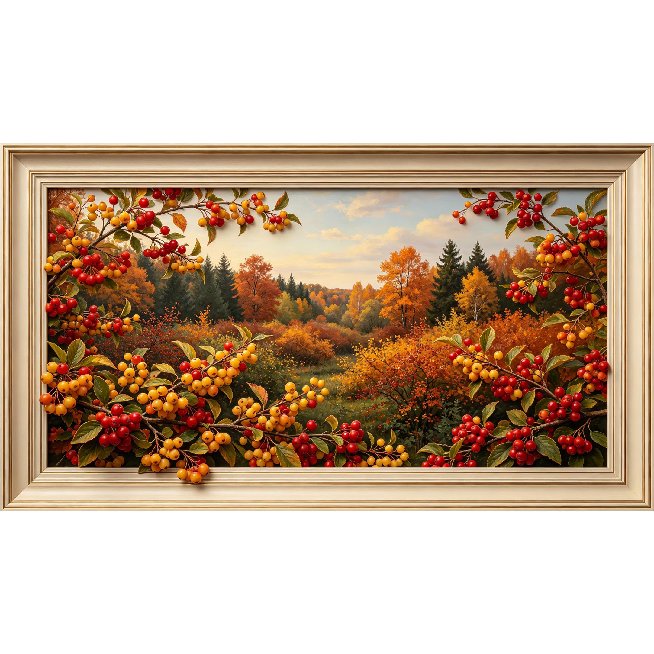 QZLITHOTIC 50×90cm3D Framed Wall Art， Autumn Forest Berry Branch Landscape SelfAdhesive Mural， WaterActivated Peel & Stick Fabric Decor Wall Decal for Bedroom Living Room