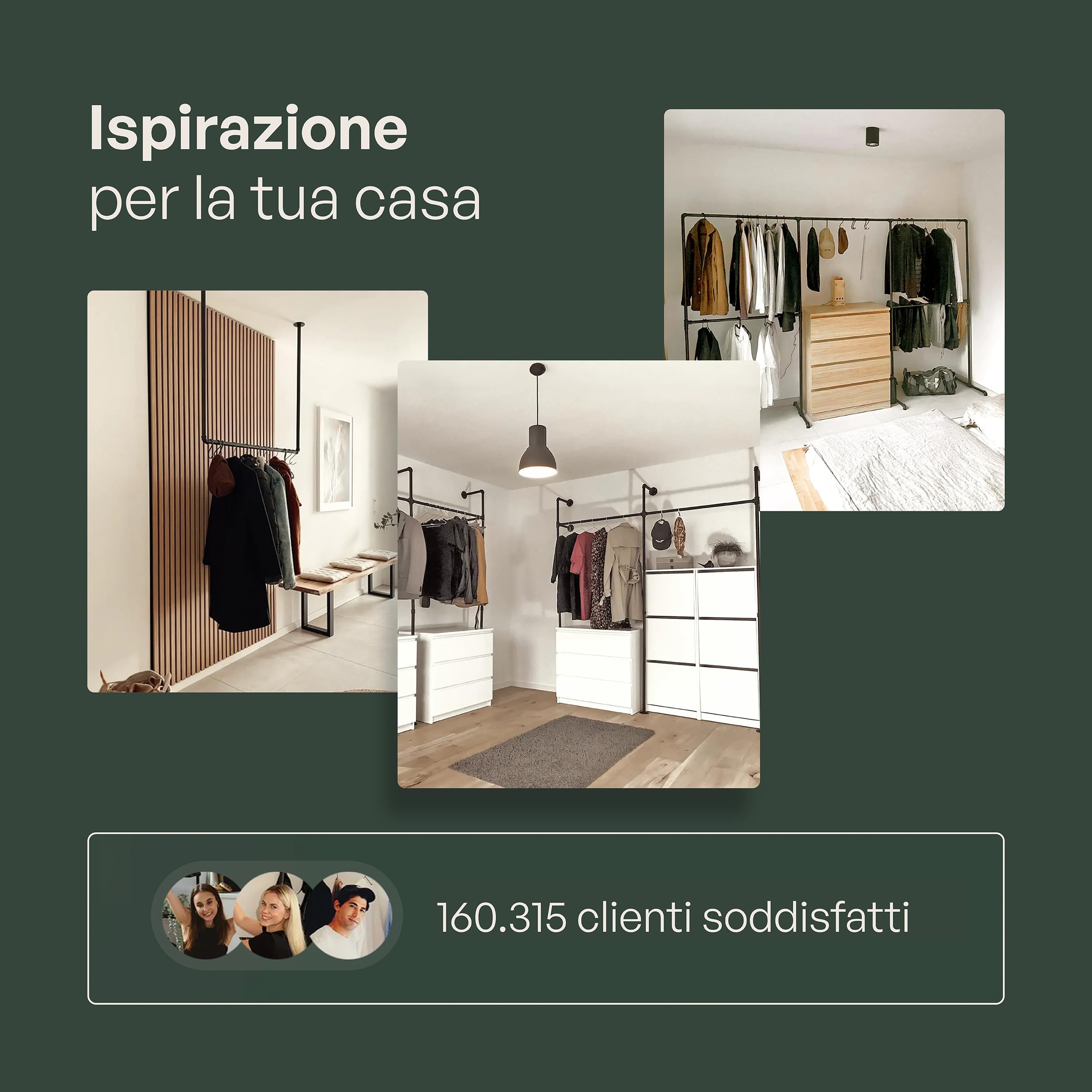 pamo Appendiabiti da Parete 120 kg – Barra Appendiabiti da Muro Industriale Nero I armadio aperto in metallo tubo I 105x193x32 cm