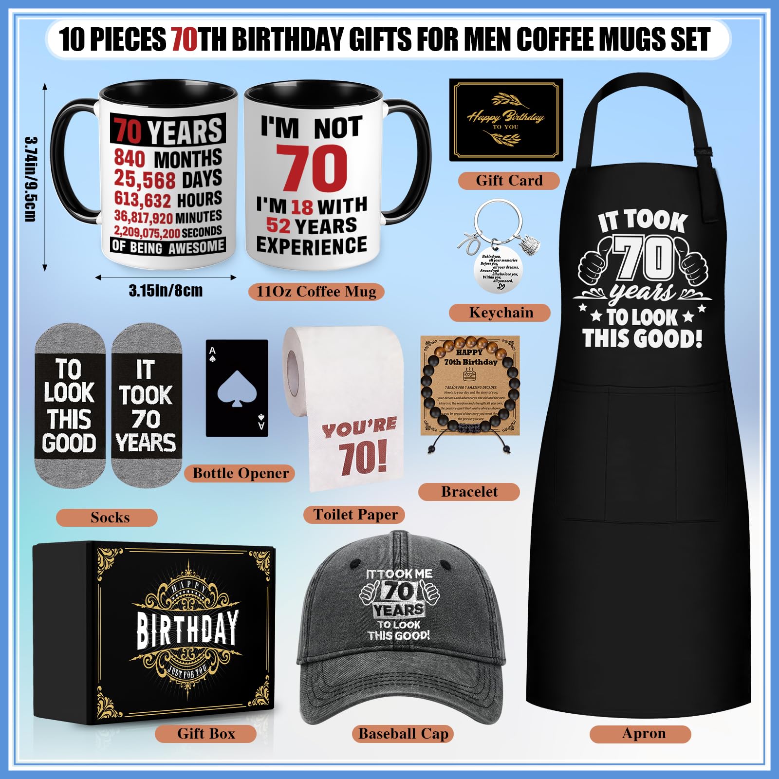 70th Birthday Gifts for Men Coffee Mug Set, 70th Birthday Party Supplies, Turning 70 Gift with 11 Oz Ceramic Cup Baseball Cap Apron Sock Bracelet Toilet Paper Keychain for Him, Dad, Husband, Friends
