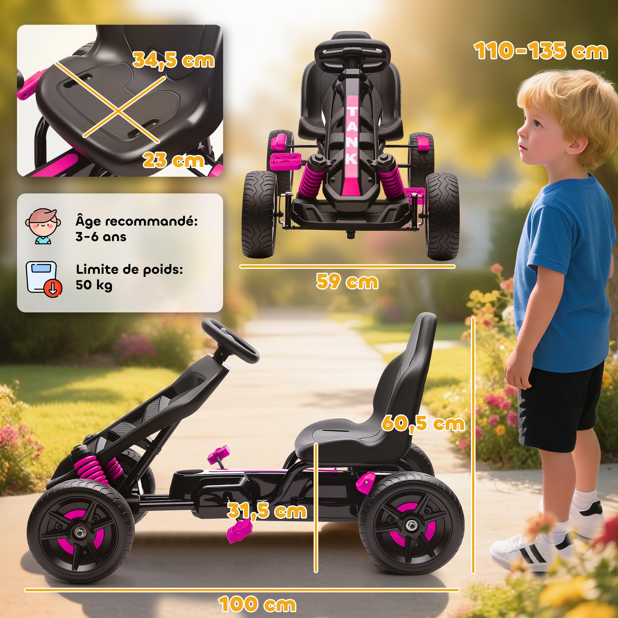 AIYAPLAY Kart a pedales para niños, karting infantil con embrague automático, freno, ruedas de EVA antideslizantes, avanzar y retroceder, coche a pedales para niños de 3 a 6 años, rosa
