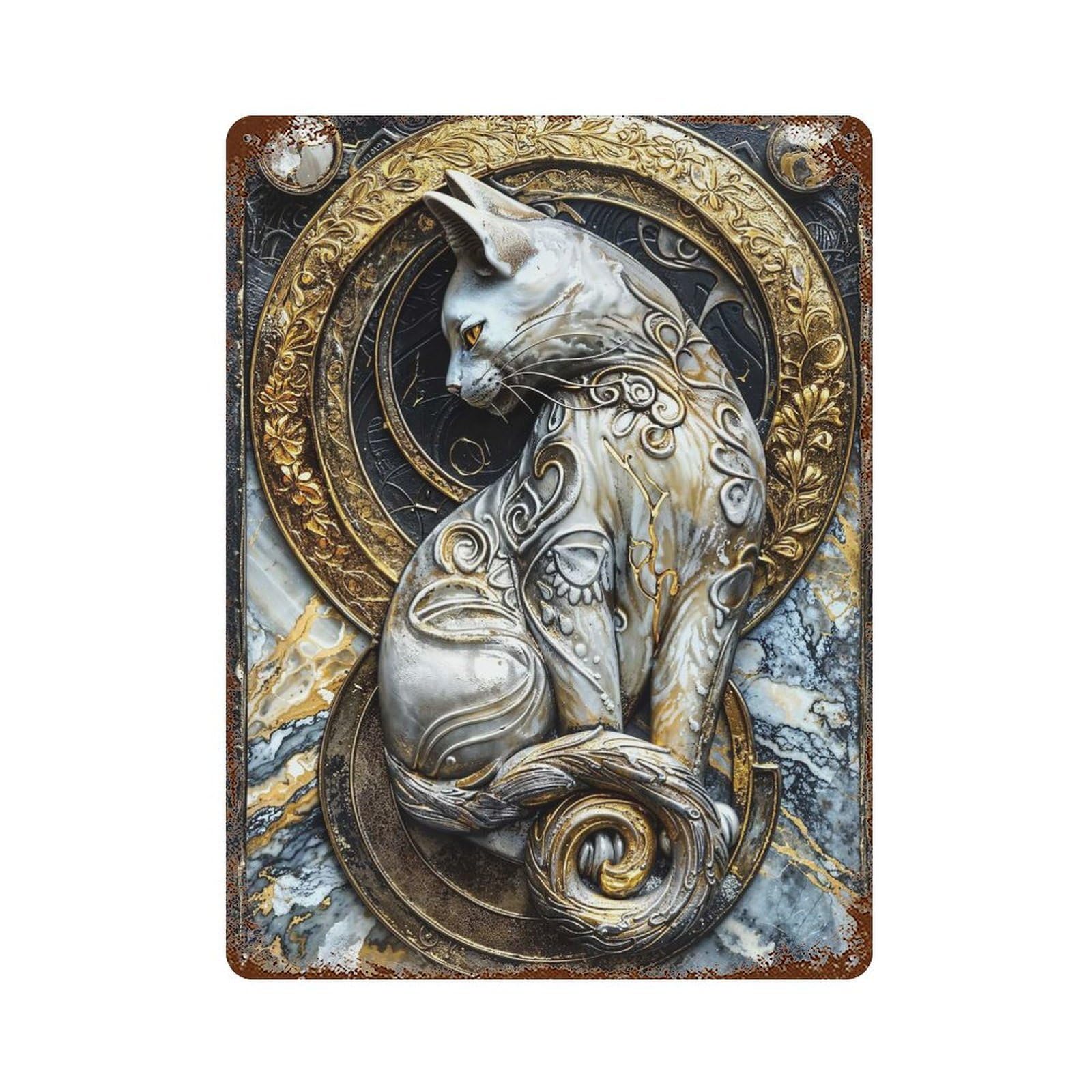Rust Effect Regal Kintsugi Cat Art Rustic Tin Plaque 15.7"x11.8", Decorative Metal Wall Art for Farmhouse, Kitchen And Entryway Decor