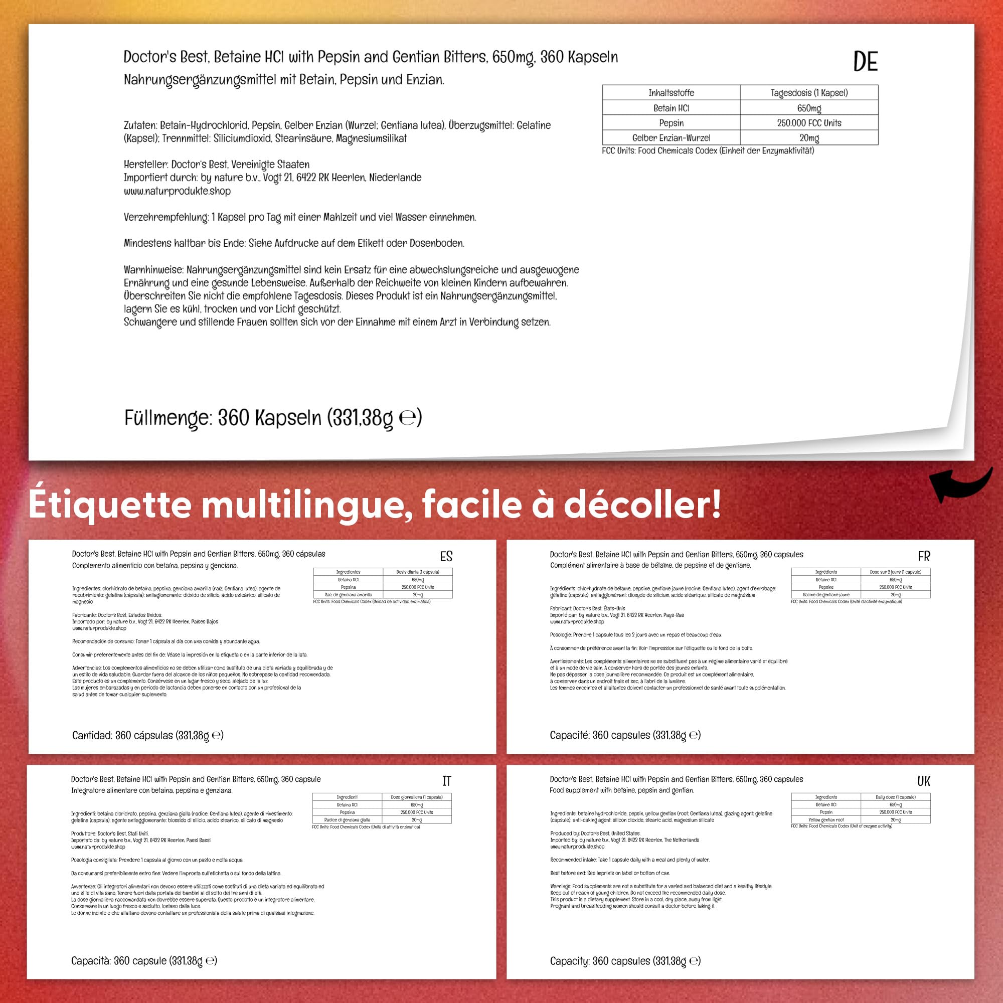 Doctor's Best, Betaine HCI avec Pepsine et Gentiane Amère, 650 mg, 360 Capsules molles, Hautement Dosé, Testé en Laboratoire, Sans Soja, Sans Gluten, Non-GMO