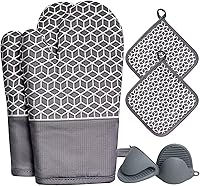 Vista 8 de Manoplas de horno y soportes para ollas, juego de guantes de horno resistentes al calor de 500 ℉, guantes de horno de silicona, agarre texturizado