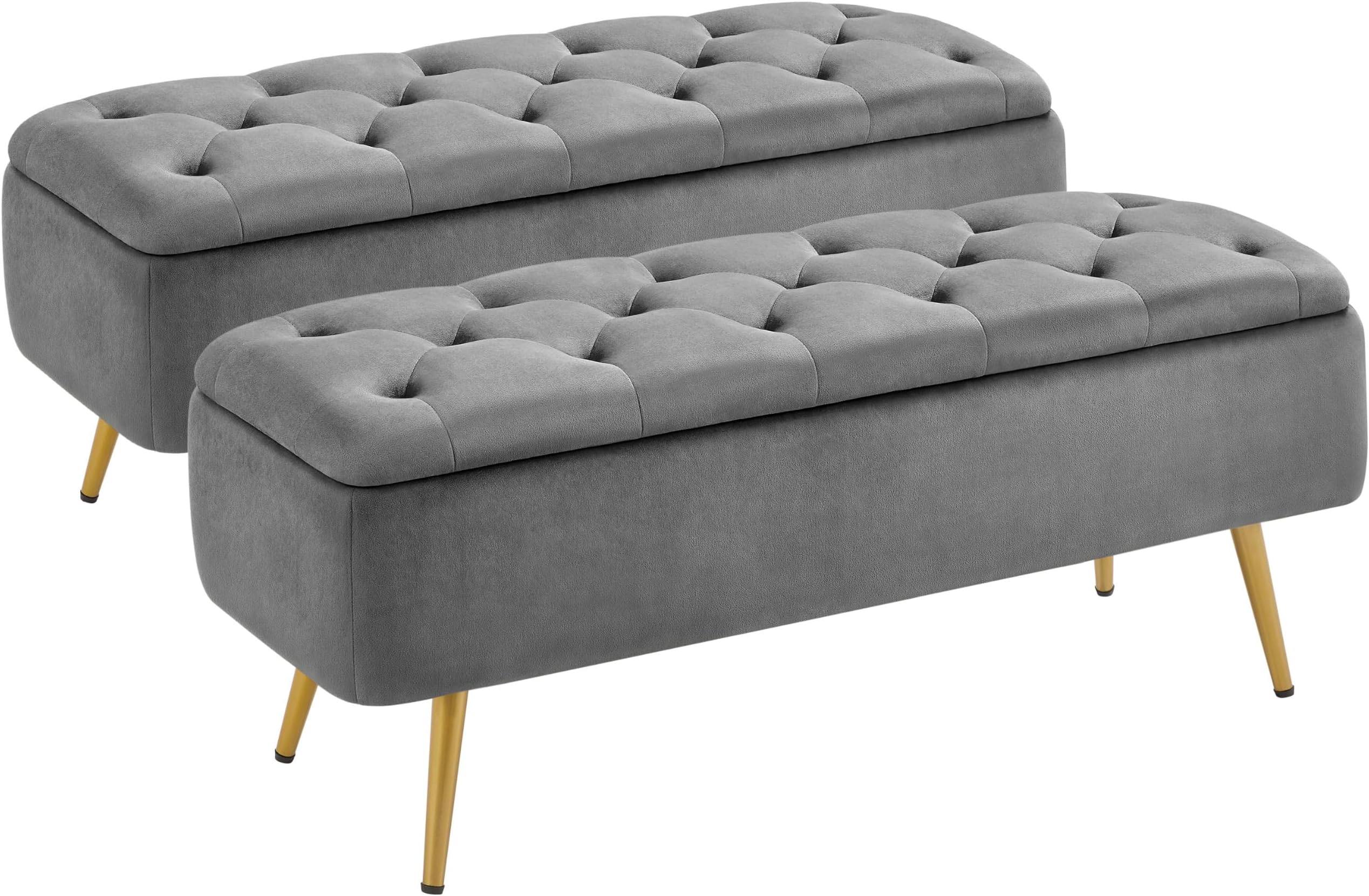 Yaheetech Storage Ottoman Bench for Bedroom, End of Bed Bench, Gray 2pcs