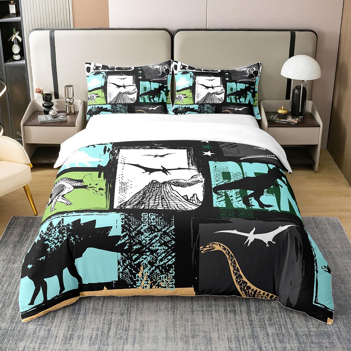 Juego de ropa de cama de algodón de dinosaurio verde, juego de ropa de cama de algodón de dinosaurio de dibujos animados para niños y niñas, juego de ropa de cama de algodón Kawaii Jungle Dino Juego
