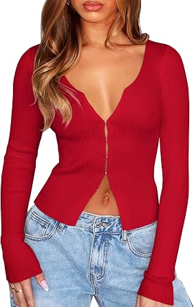 OZICERD V Neck Long Sleeve Going Out Top Y2k Ribbed Knit Hook Open Front Cropped Cardigan Sweaters for Women Lightweight Fall